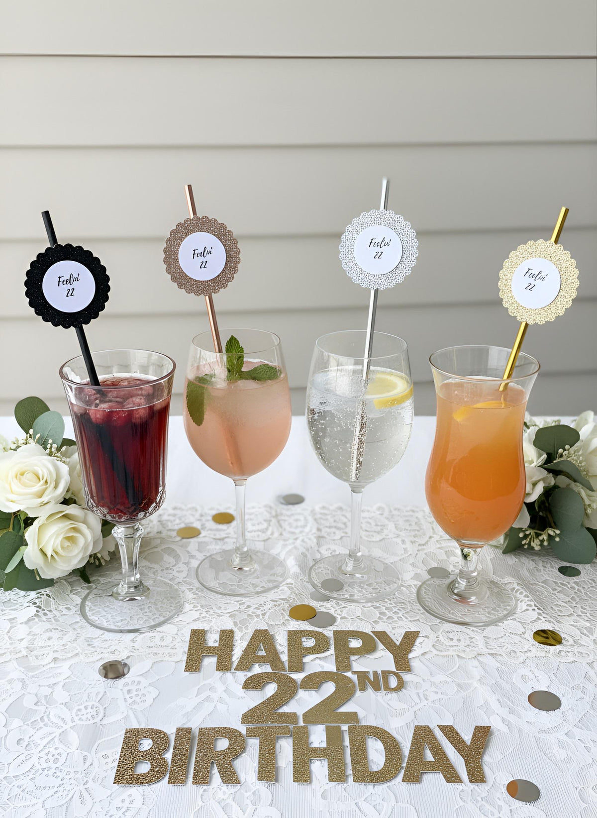 Feeling 22 Glitter Paper Straws, Set of 12 – Color Coordinated Rose Gold, Gold, Silver or Black Glitter