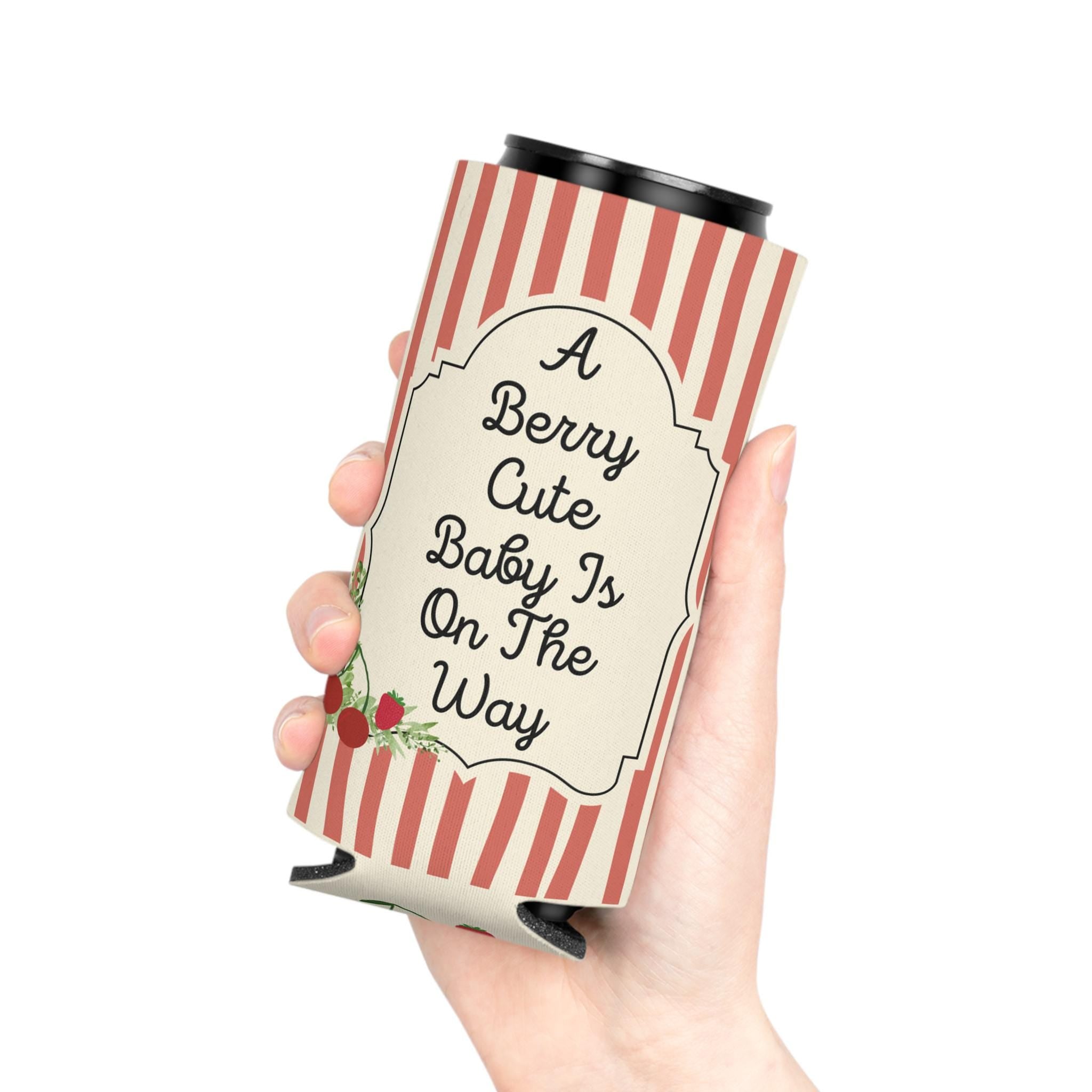 Personalized "A Berry Cute Baby Is On The Way" Can Cooler Custom Baby Shower Can Sleeve, Slim and Regular Can Sizes