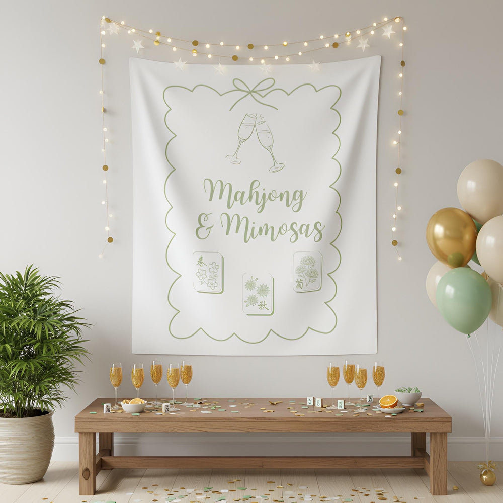 Personalized Mahjong and Mimosas Tapestry Banner Polyester Backdrop in Sage Green, Light Pink or Light Blue, 4 Sizes