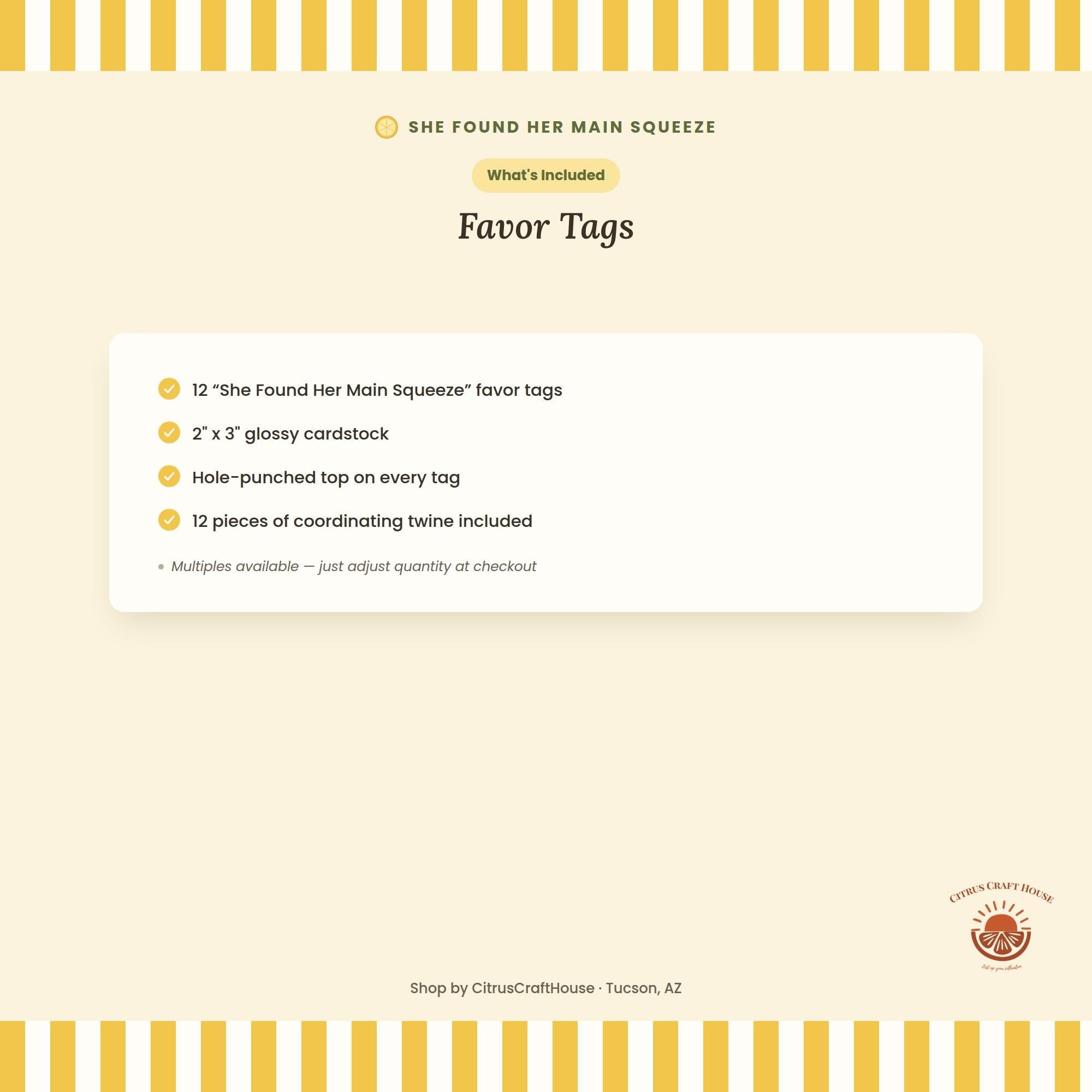 She Found Her Main Squeeze Favor Tags, Set of 12 – Glossy Cardstock Gift Tags with Twine for Bridal Shower & Bachelorette