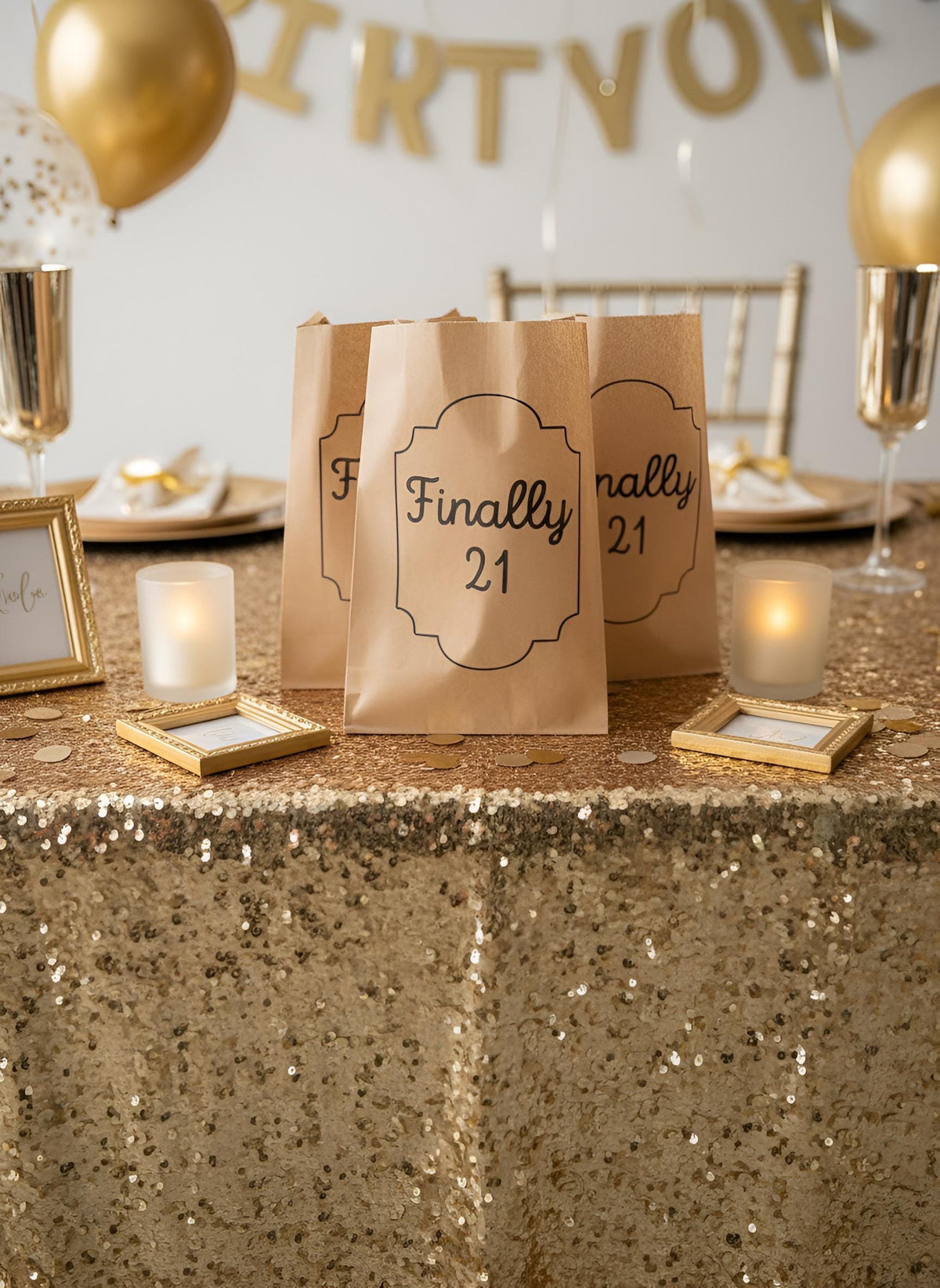 Finally 21 Favor Bags, Set of 12 – 6x9 Flat Kraft Paper Bags for Birthday Favors & Treats