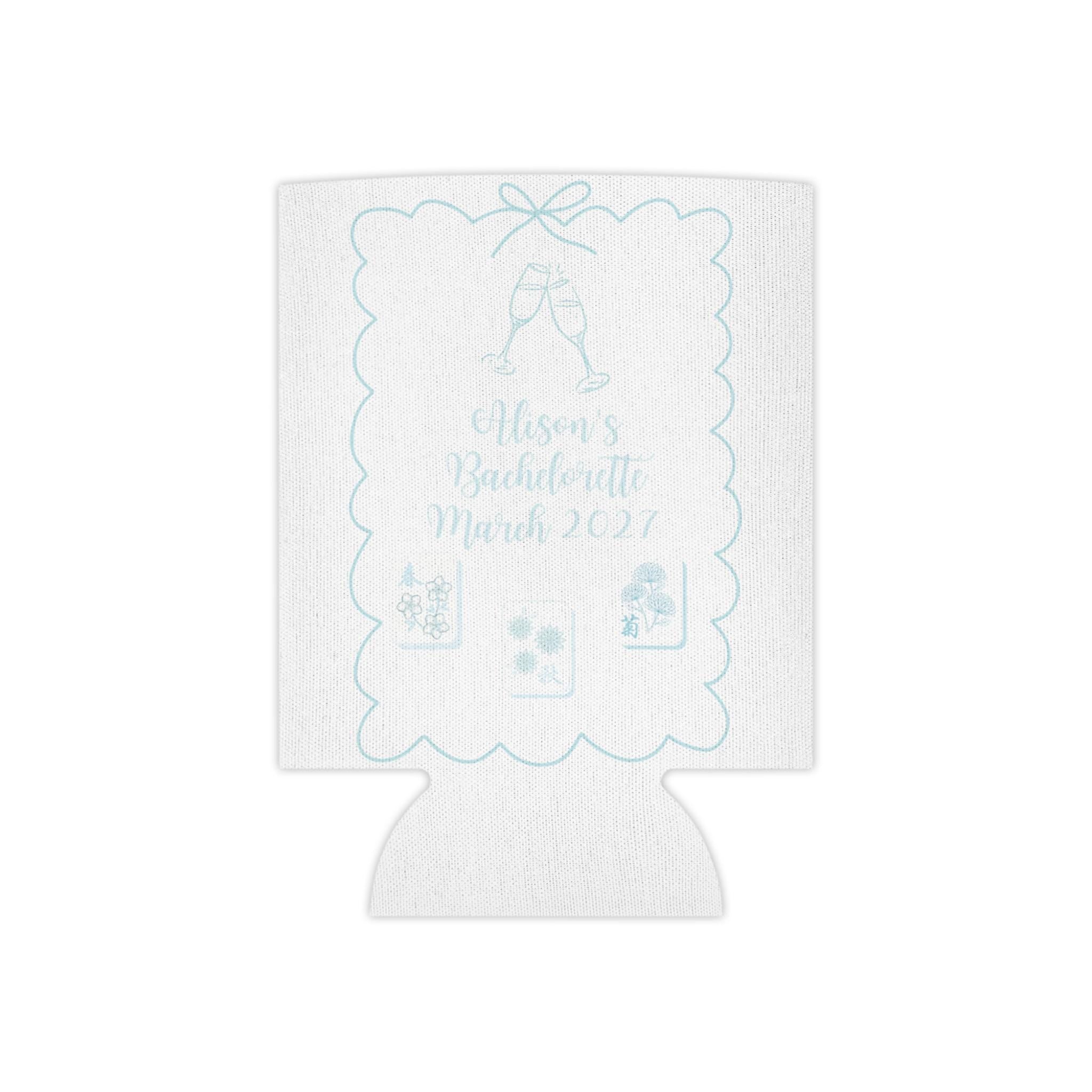 Personalized Mahjong and Matrimony Can Cooler Custom Can Sleeve in Sage Green, Light Pink or Light Blue