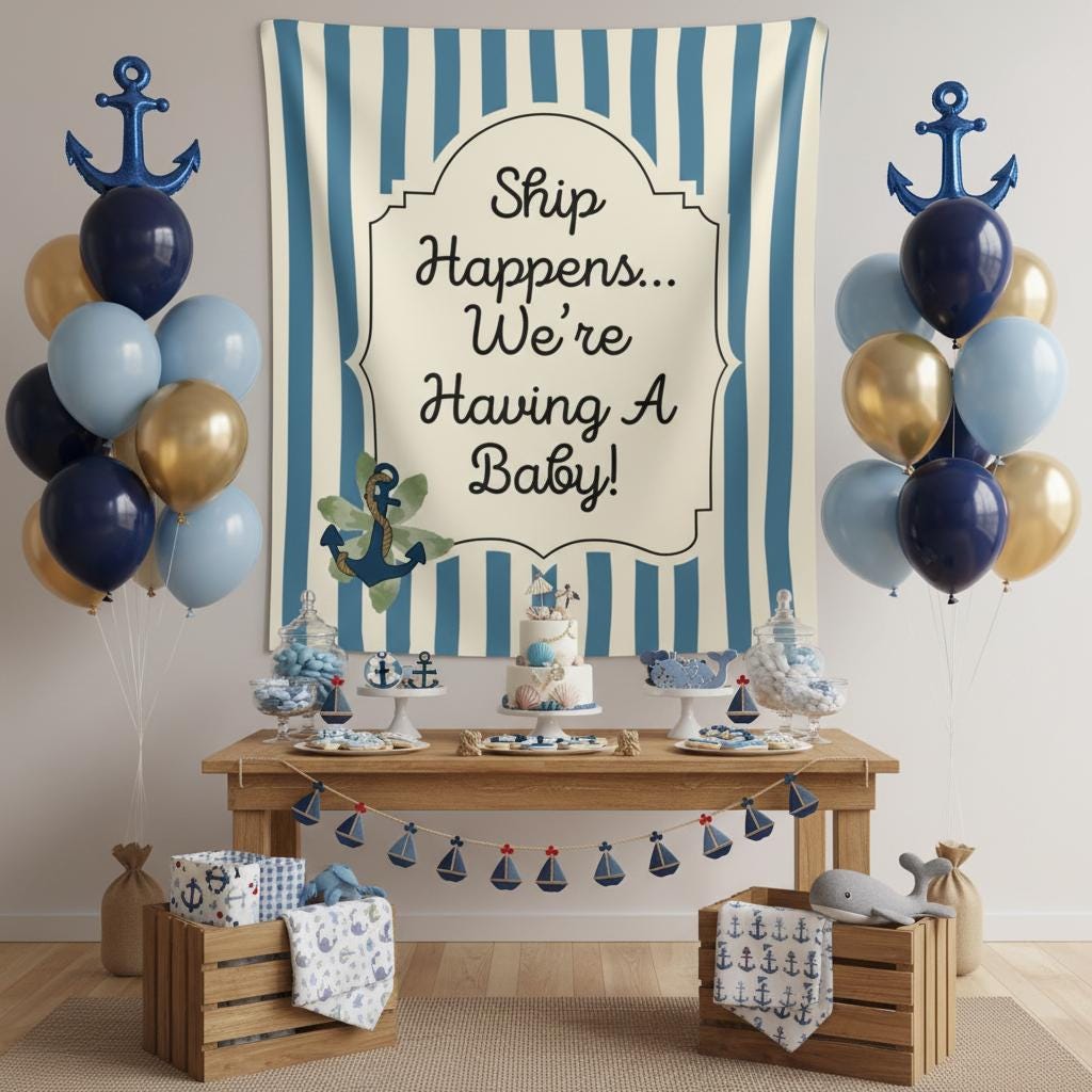 Nautical-themed baby shower party setup with a large blue and white striped banner reading 'Ship Happens we are having a baby