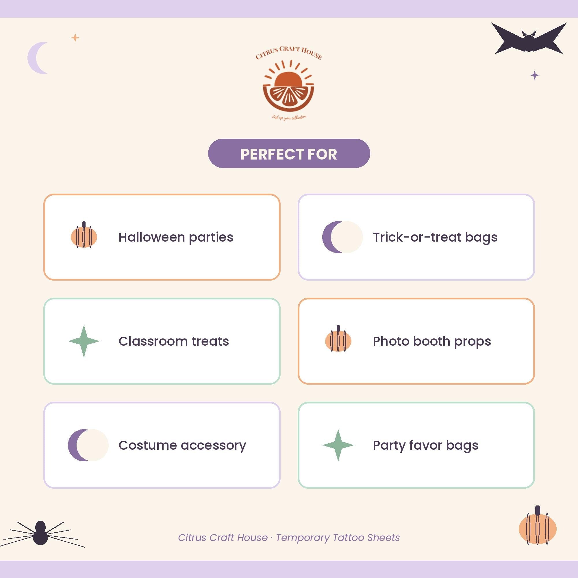 Pastel Halloween Temporary Tattoos | Cute Ghost Bat Skeleton Kids Tattoos | Trick or Treat Party Favor | 56 Pack Ready to Apply