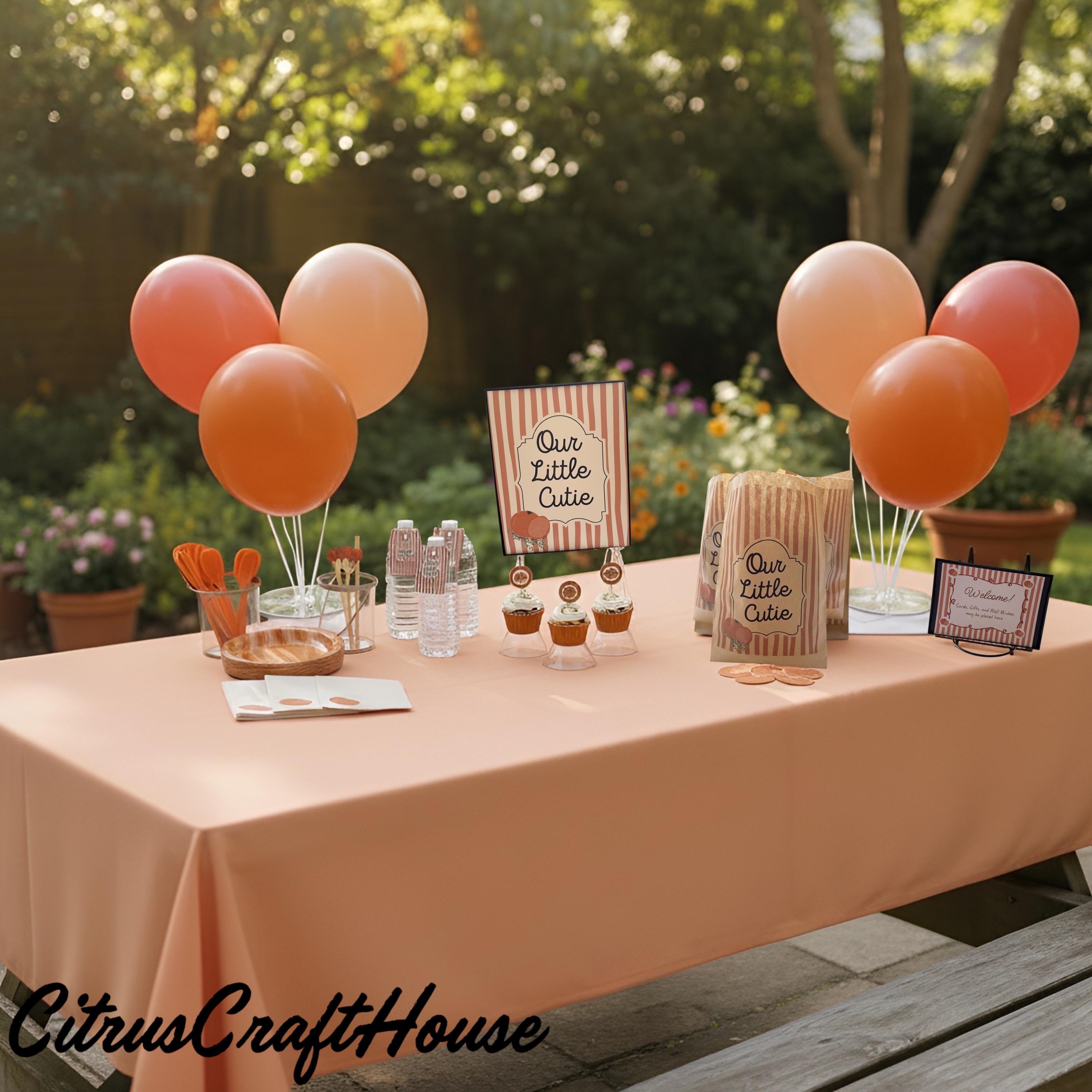 Our Little Cutie Baby Shower Decor Kit | Clementine Orange Baby Sprinkle Party Set | Signs, Balloons, Favor Bags & More