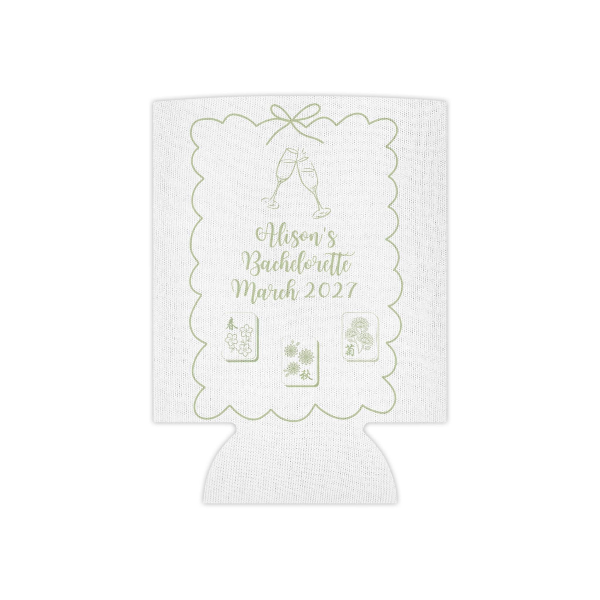 Personalized Mahjong and Mimosas Can Cooler Custom Can Sleeve in Sage Green, Light Pink or Light Blue