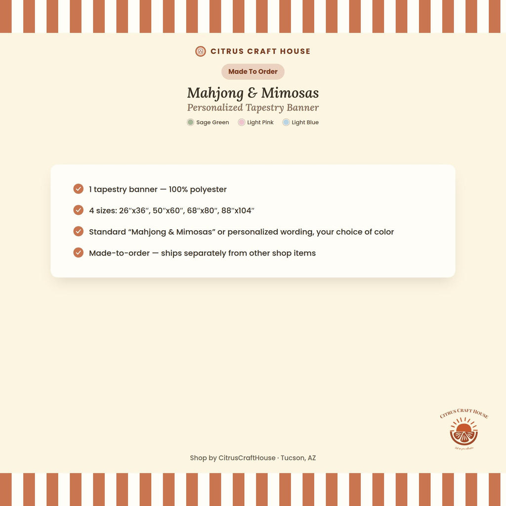 Personalized Mahjong and Mimosas Tapestry Banner Polyester Backdrop in Sage Green, Light Pink or Light Blue, 4 Sizes