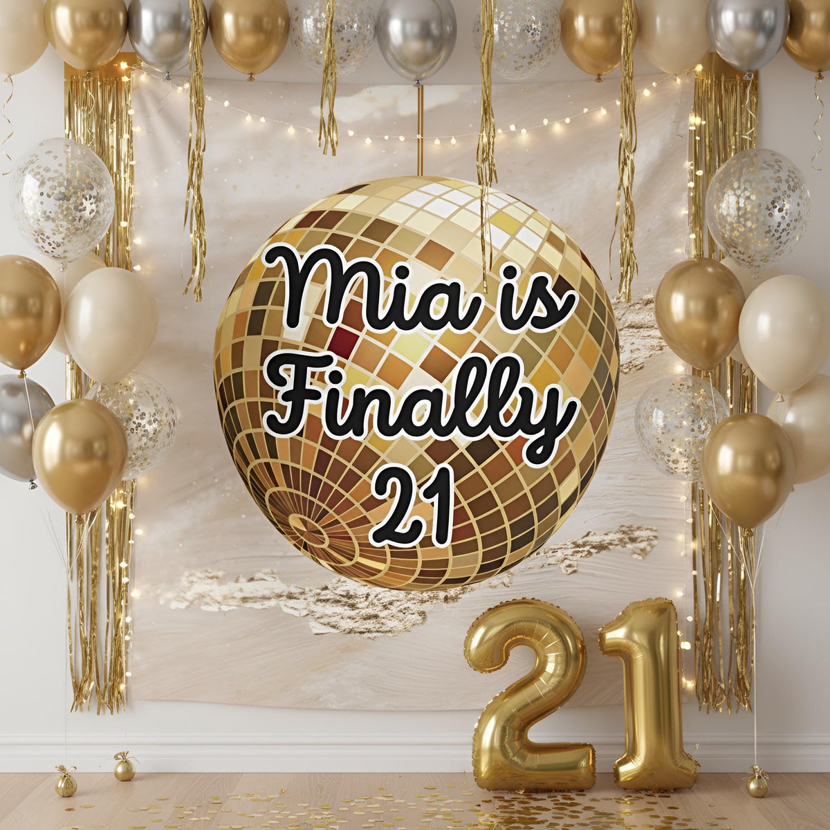A gold disco ball balloon with the text 'Finally 21' in black script, displayed against a decorated party backdrop with gold and silver balloons, gold tinsel, string lights, and gold number 21 foil balloons on the floor.