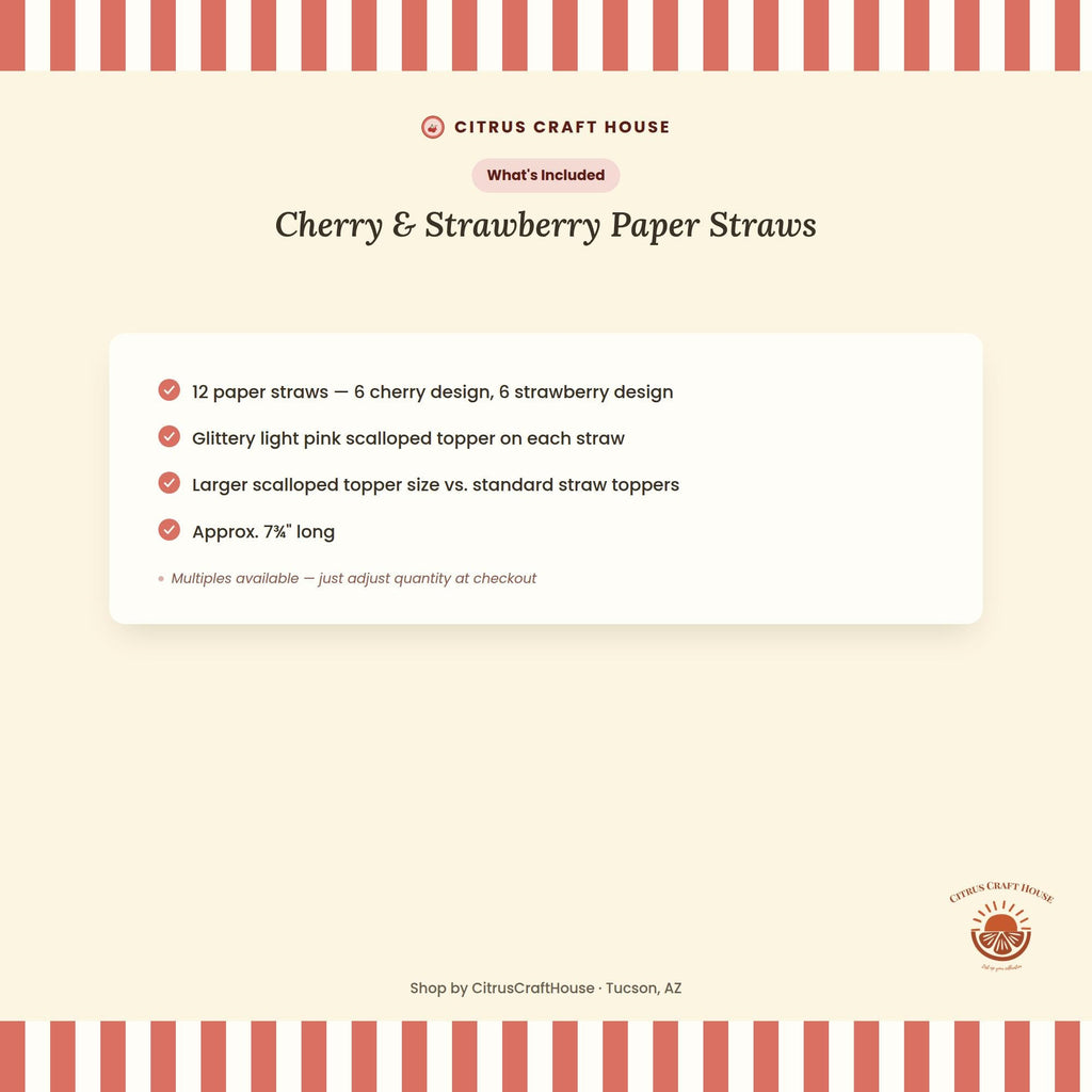 Cherry & Strawberry Paper Straws, Set of 12 – Glitter Topper Straws for Baby Shower, Bridal Shower and Berry Party