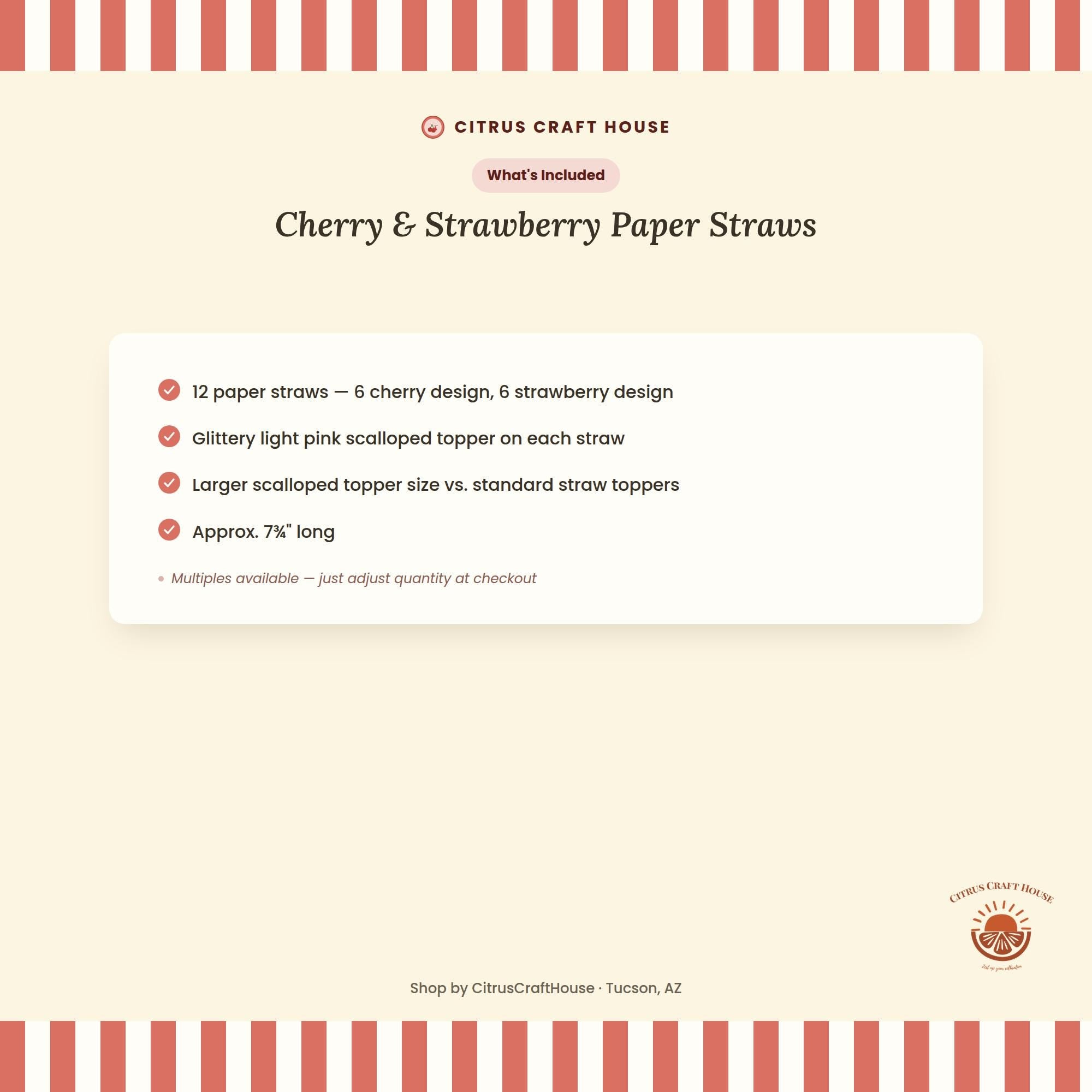Cherry & Strawberry Paper Straws, Set of 12 – Glitter Topper Straws for Baby Shower, Bridal Shower and Berry Party