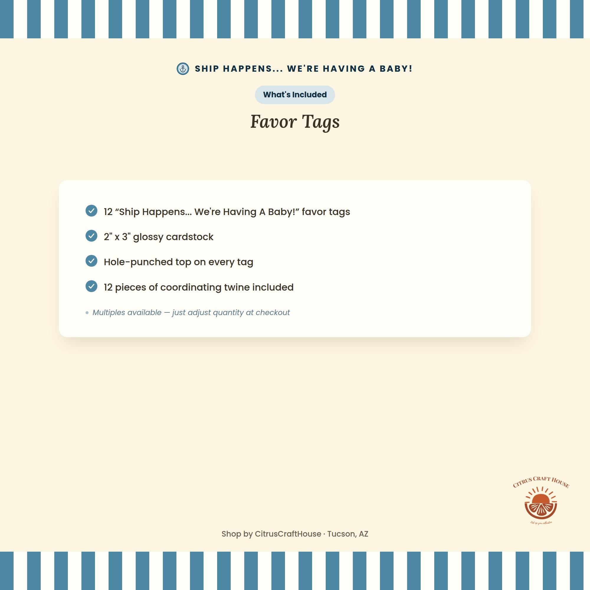 Ship Happens Favor Tags, Set of 12 – Glossy Cardstock Gift Tags with Twine for Baby Shower and Party Favors