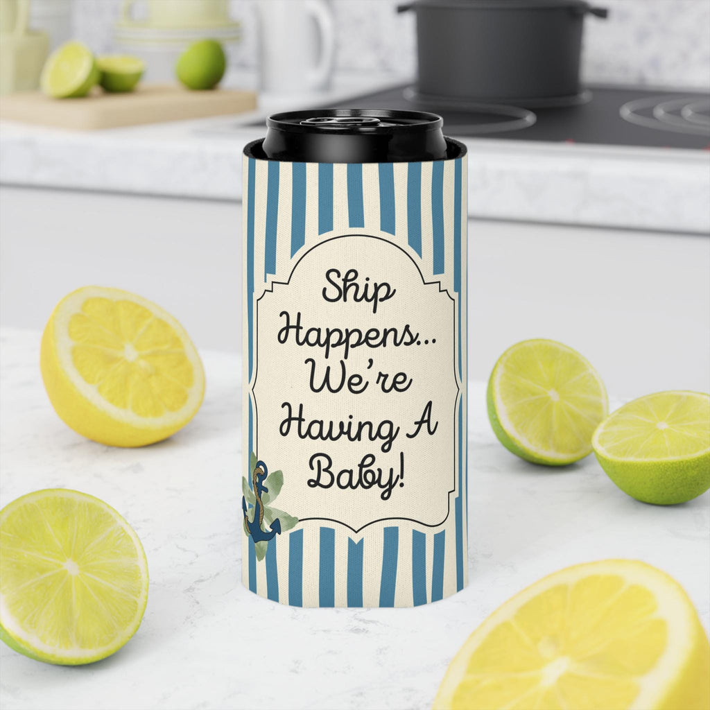 A can cooler sleeve with blue and white vertical stripes and a central cream label reading 'Ship Happens, we’re having a baby