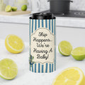 A can cooler sleeve with blue and white vertical stripes and a central cream label reading 'Ship Happens, we’re having a baby