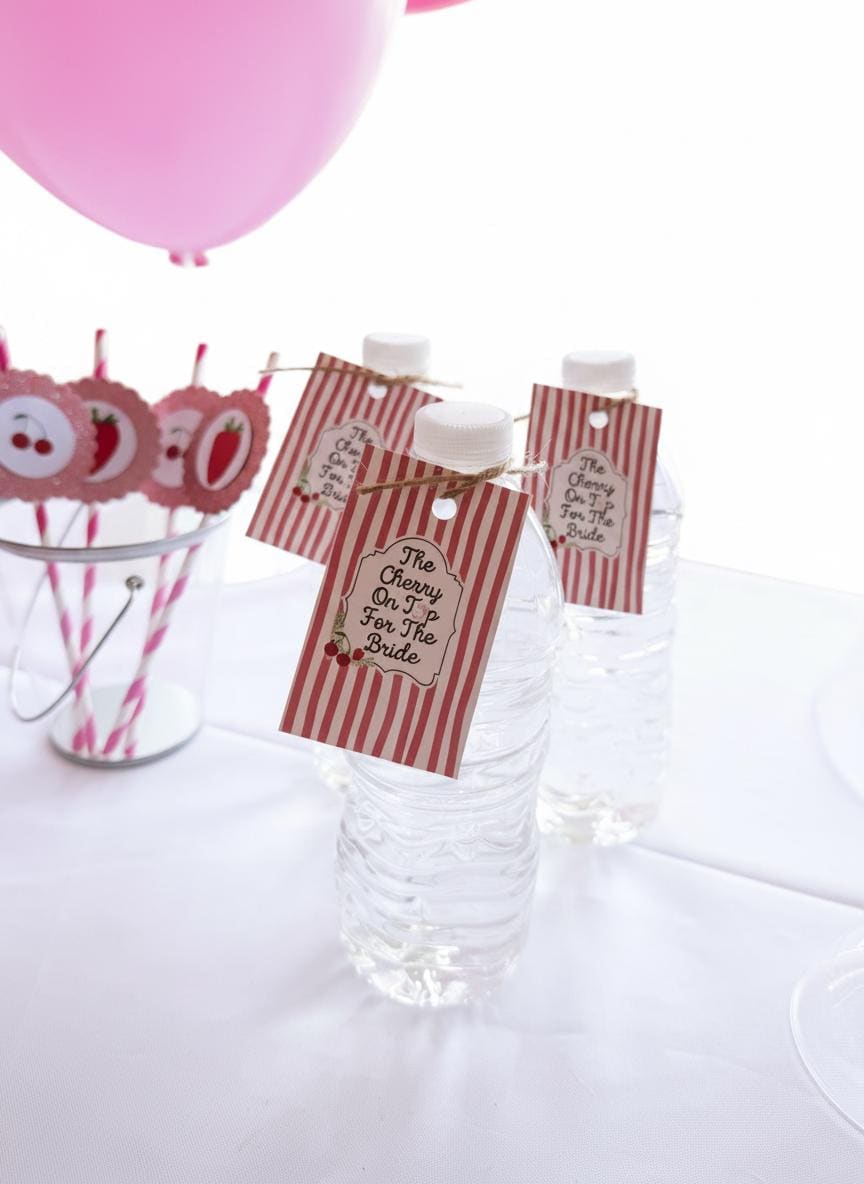 The cherry on top for the bride, red and white striped favor tags with twine ties