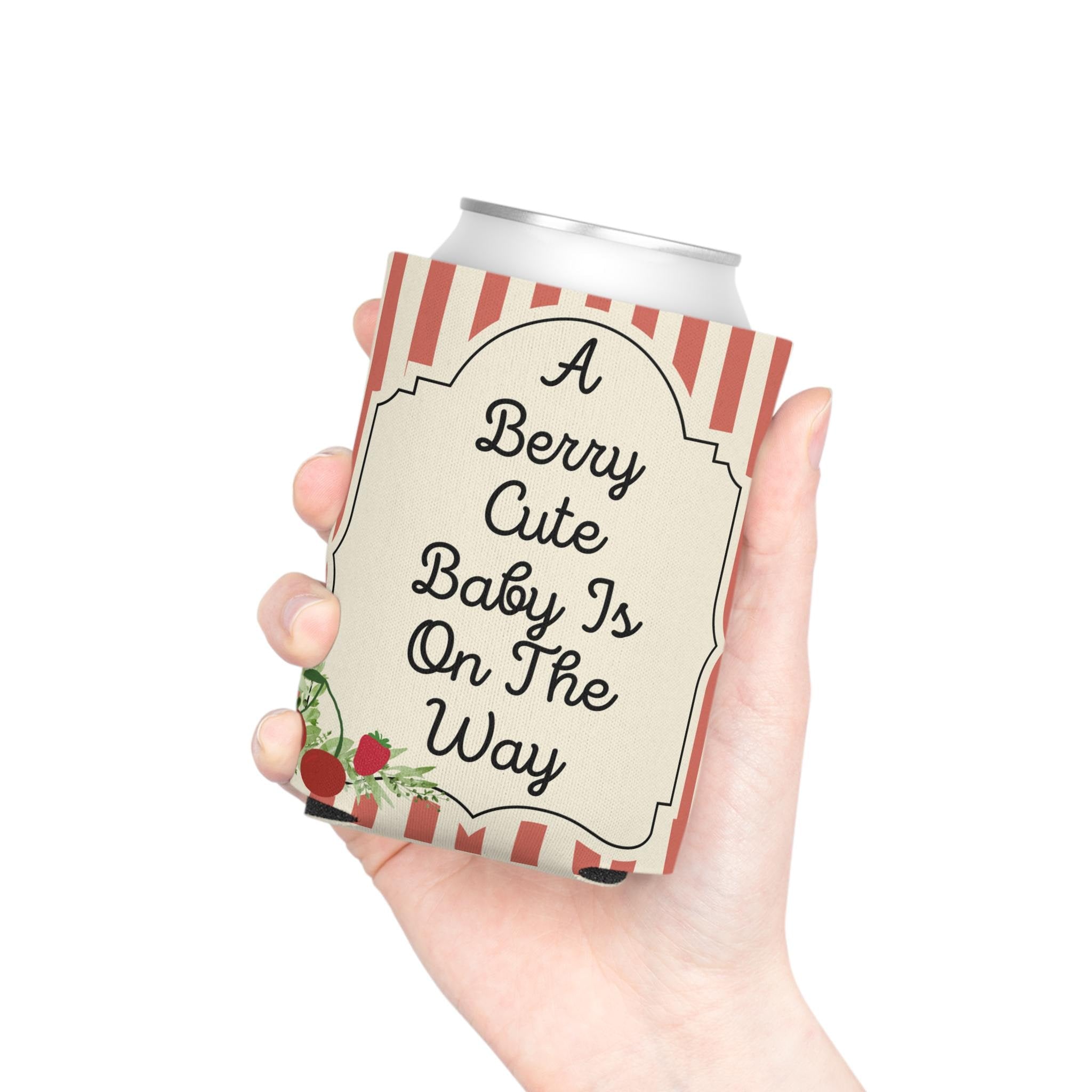 Personalized "A Berry Cute Baby Is On The Way" Can Cooler Custom Baby Shower Can Sleeve, Slim and Regular Can Sizes