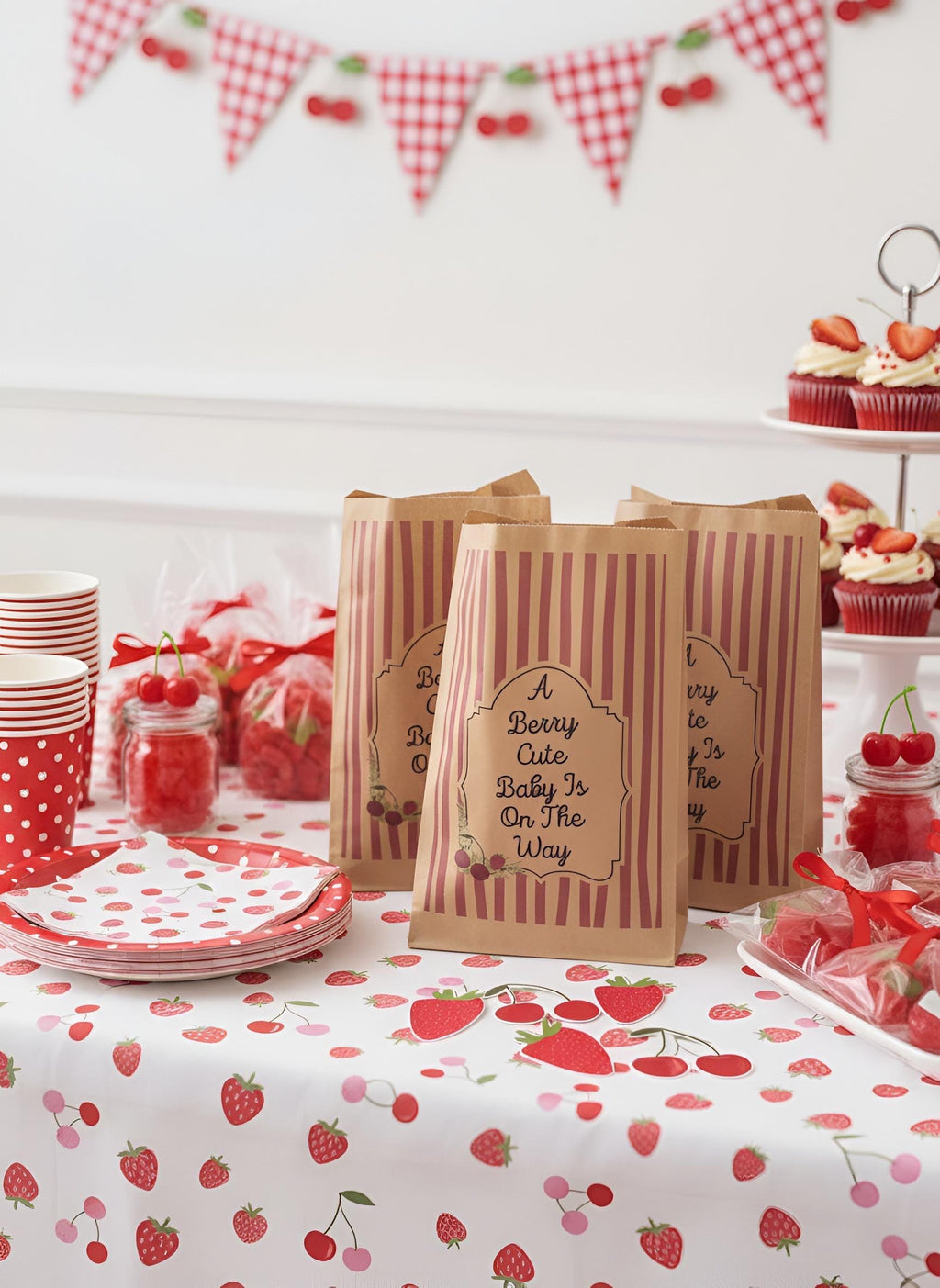 Strawberry-themed baby shower party supplies arranged on a table, including paper bags with printed labels, red-and-white polka dot plates, cups, jars of candy, and a matching tablecloth. A cupcake stand with frosted cupcakes is visible in the background, along with a red-and-white gingham banner and cherry bunting on the wall. A berry cute baby is on the way