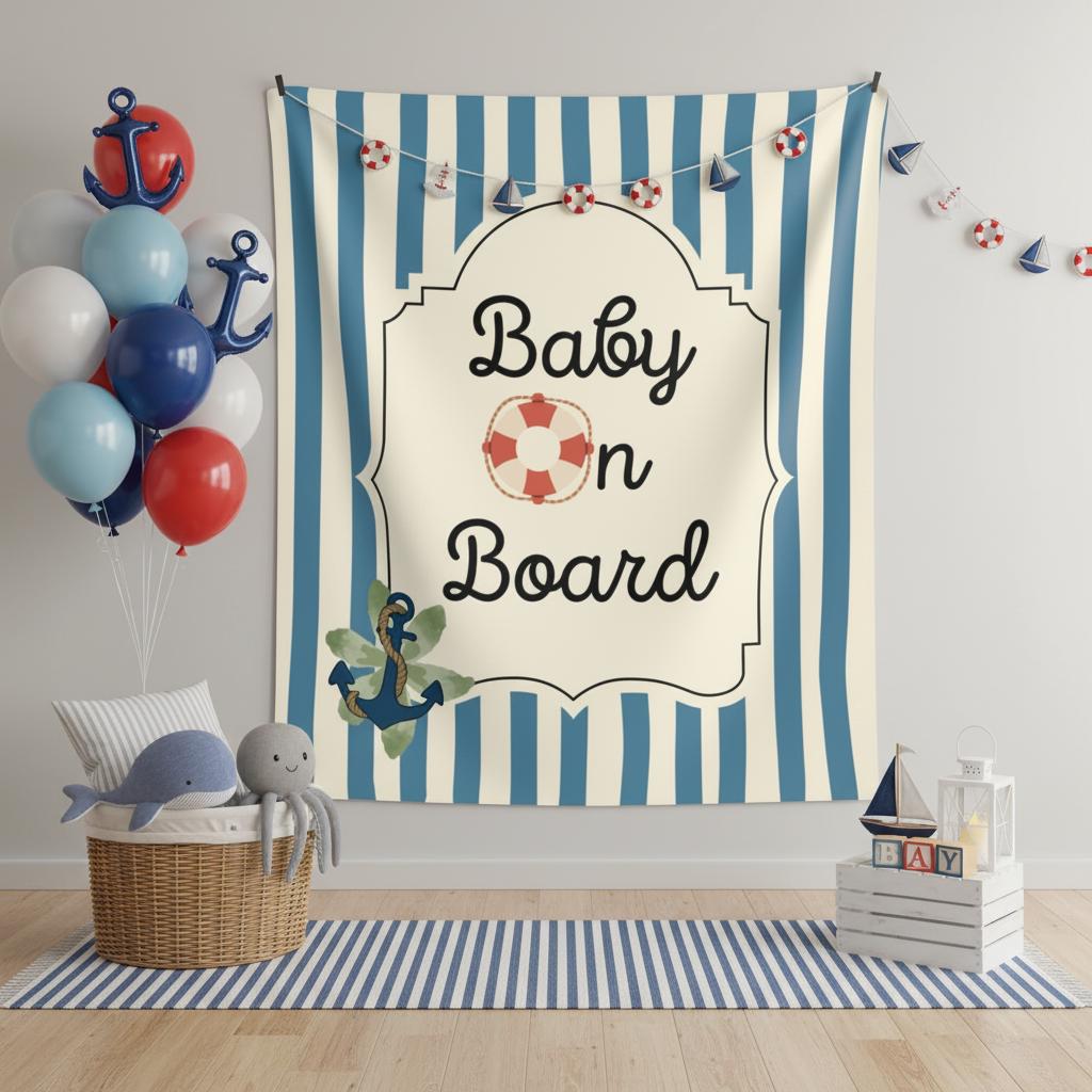 A nautical-themed nursery wall tapestry hanging on a white wall, featuring blue and white vertical stripes with a central cream panel that reads 'Baby on Board' in black script, surrounded by anchor, life preserver, and green leaf graphics. The room is styled with balloons, a whale plush toy, a small sailboat, and a striped rug.