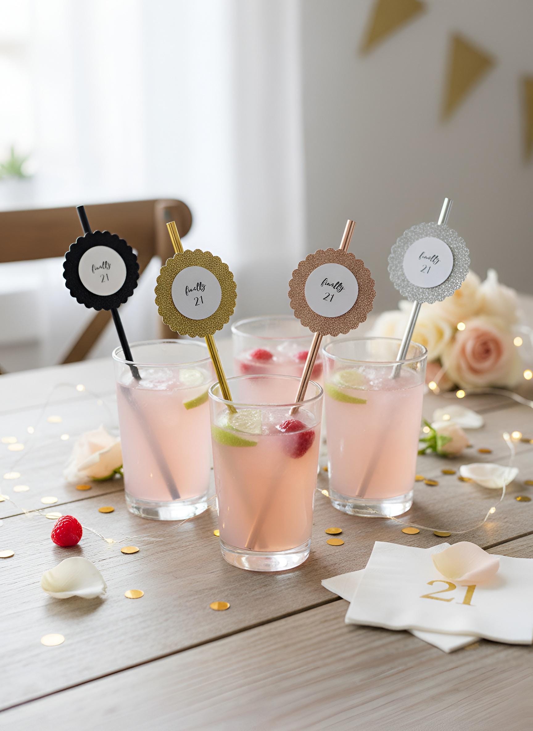 Finally 21 Glitter Paper Straws, Set of 12 – Color Coordinated Rose Gold, Gold, Silver or Black Glitter