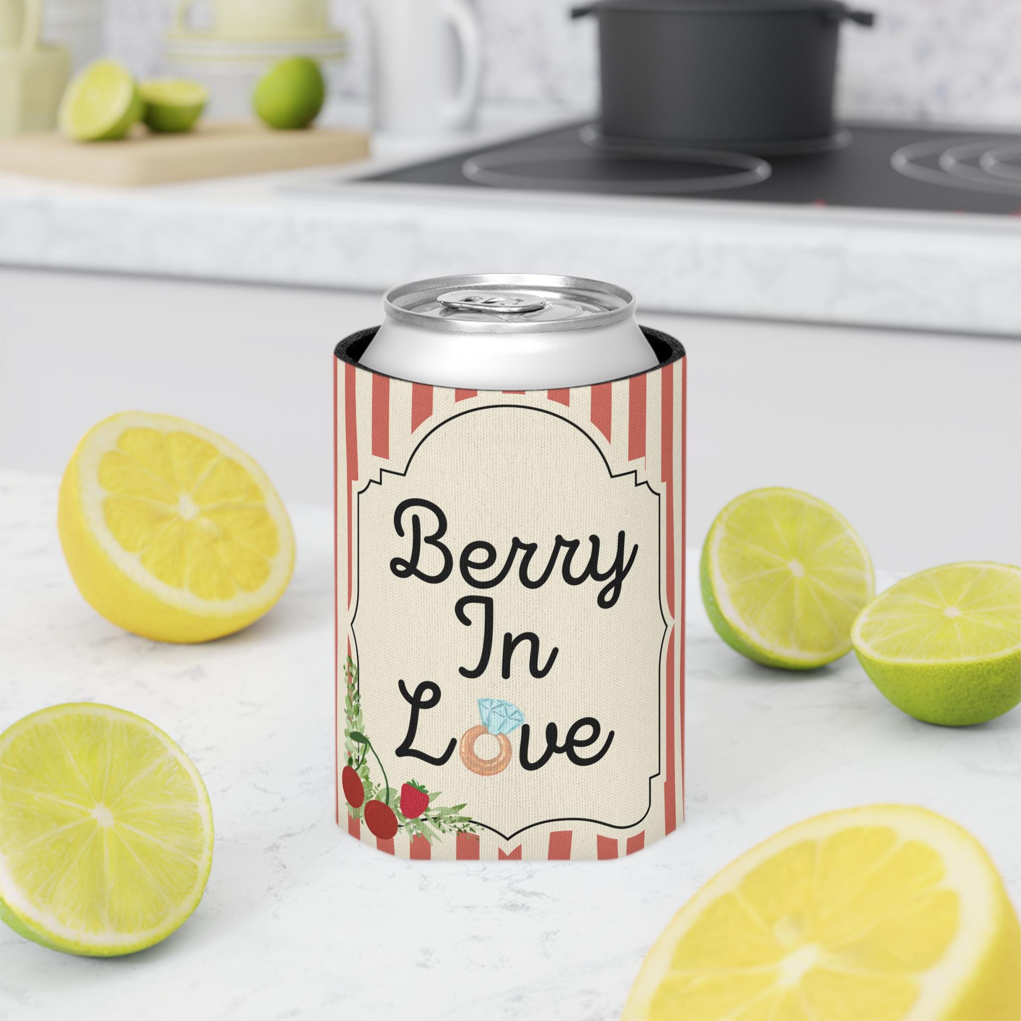 Personalized "Berry In Love" Can Cooler Custom Bachelorette Can Sleeve, Slim & Regular Can Sizes