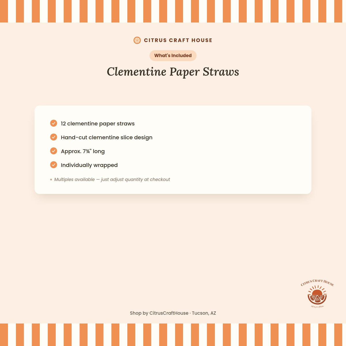 Clementine Paper Straws, Set of 12 – Eco-Friendly Paper Straws for Baby Shower, Birthday & Citrus Party