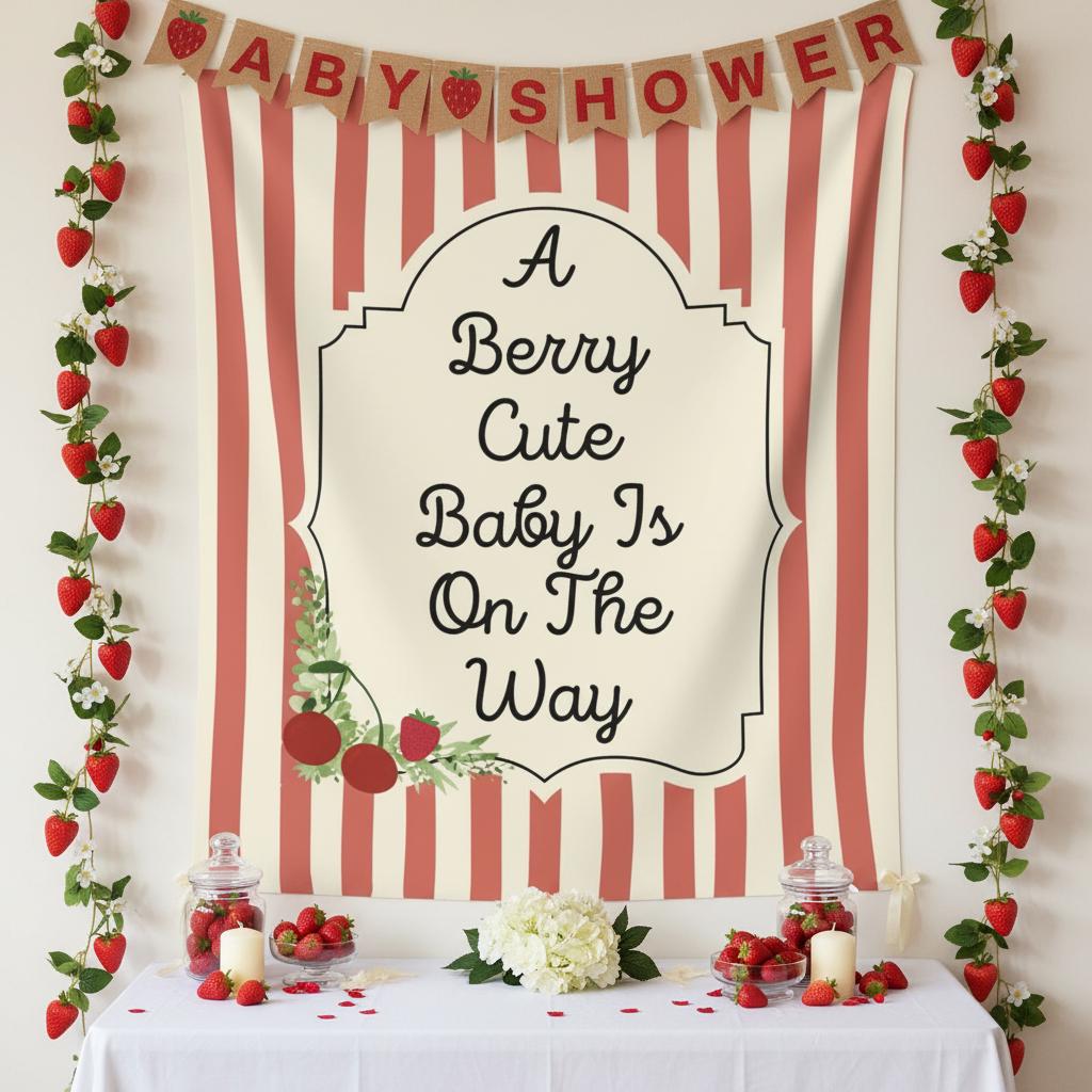 A strawberry-themed baby shower backdrop tapestry with red and cream vertical stripes, a central cream label reading 'A Berry Cute Baby Is On The Way,' and decorative burlap 'BABY SHOWER' banners above. Strawberry garlands and a styled table with strawberries, candles, and flowers are arranged in front.