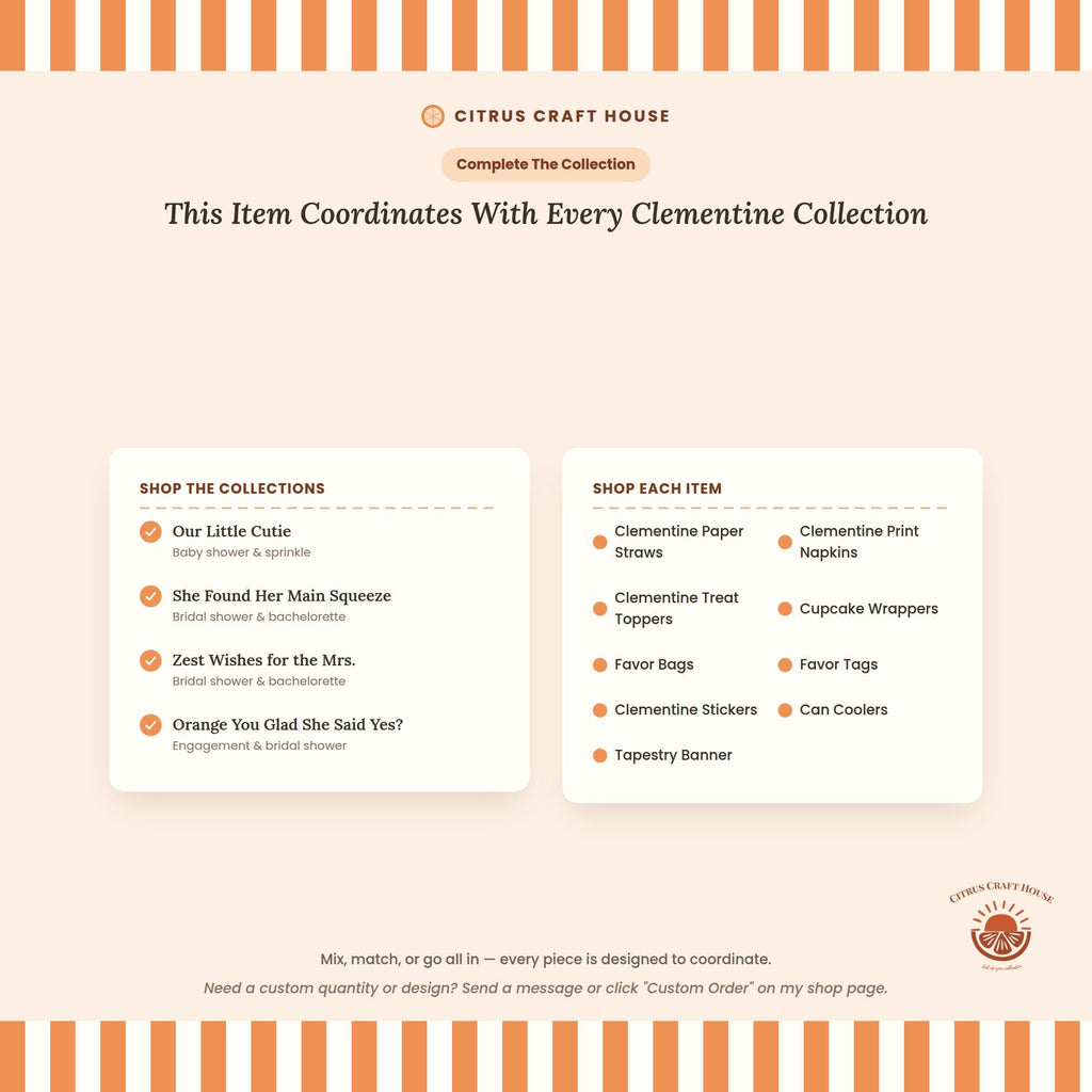 Clementine Stickers, Set of 12 – Die-Cut Orange Print Stickers for Favor Bags, Party Favors & Table Scatter