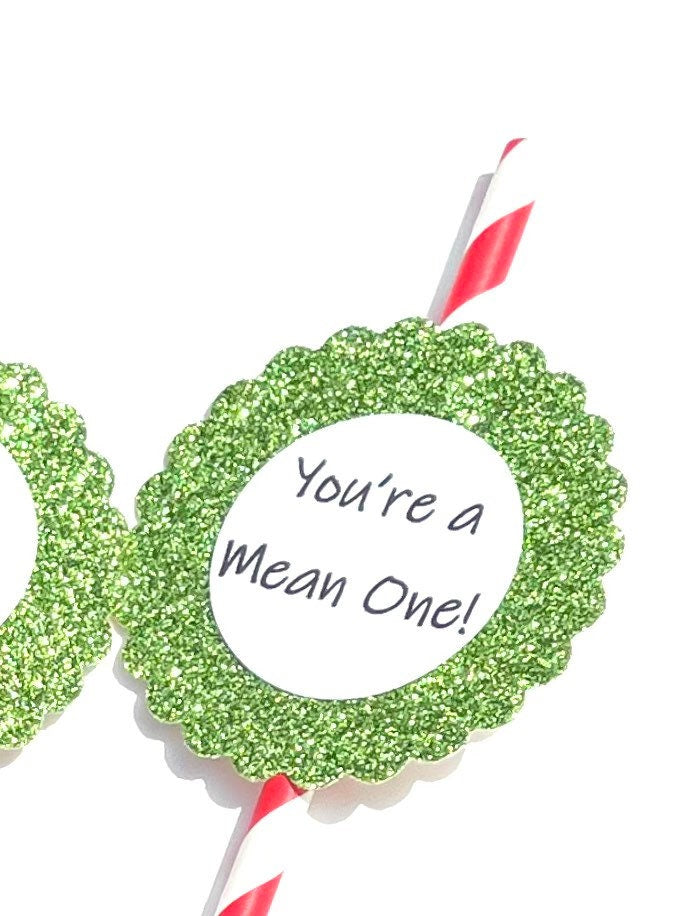 Green Glitter Christmas Straws, Set of 12 – Mean One Holiday Party Decor & Photo Prop