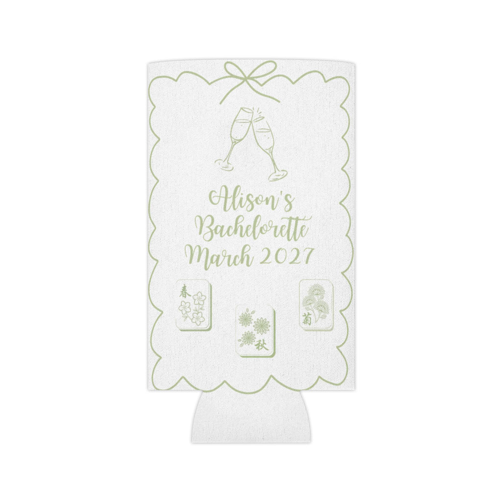 Personalized Mahjong and Matrimony Can Cooler Custom Can Sleeve in Sage Green, Light Pink or Light Blue