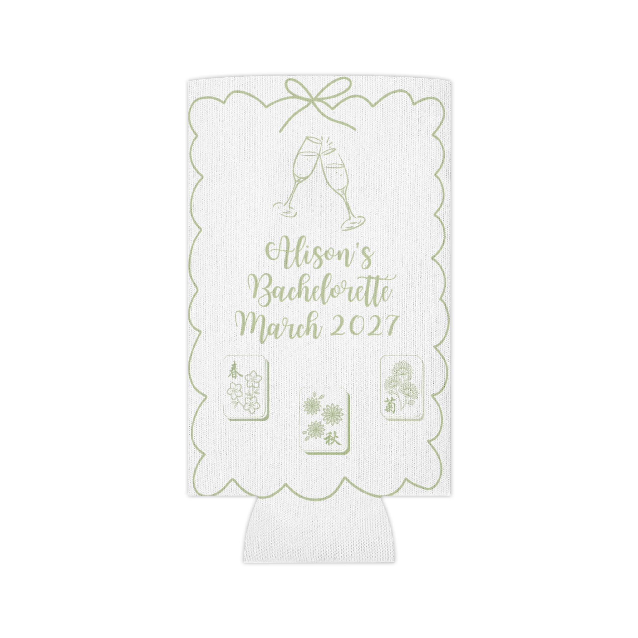 Personalized Mahjong and Matrimony Can Cooler Custom Can Sleeve in Sage Green, Light Pink or Light Blue