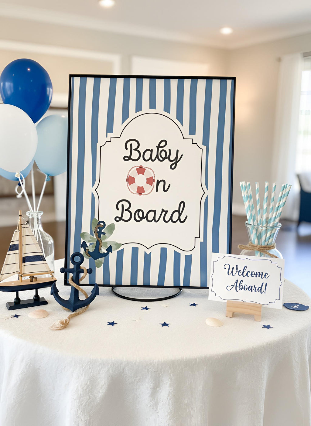 Baby On Board Baby Shower Decor Kit | Nautical Baby Sprinkle Party Set | Signs, Balloons, Favor Bags and More