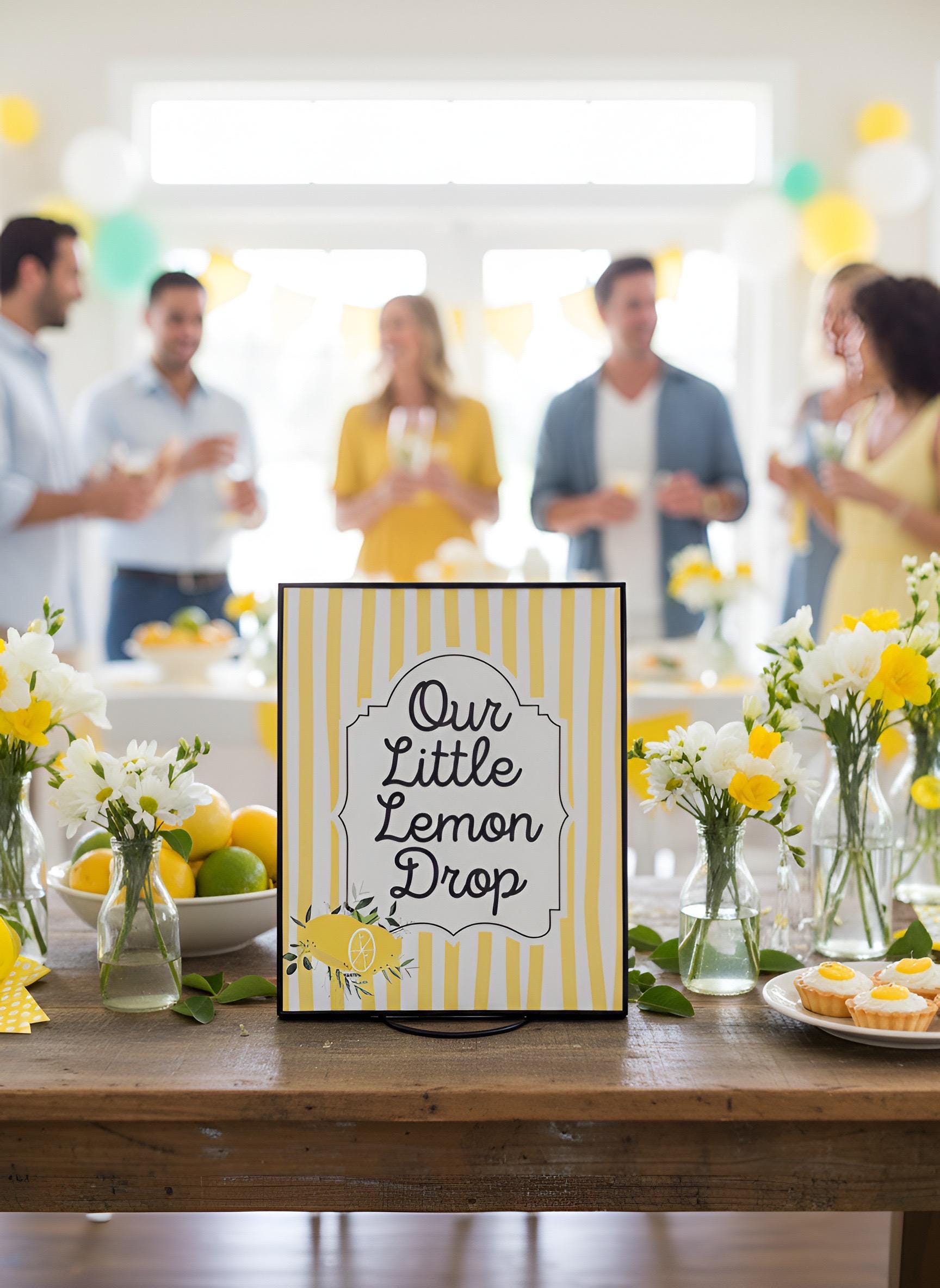 A square sign reading 'Our Little Lemon Drop' with yellow and white stripes and lemon illustrations, displayed on a wooden table in a party setting with blurred people in the background.