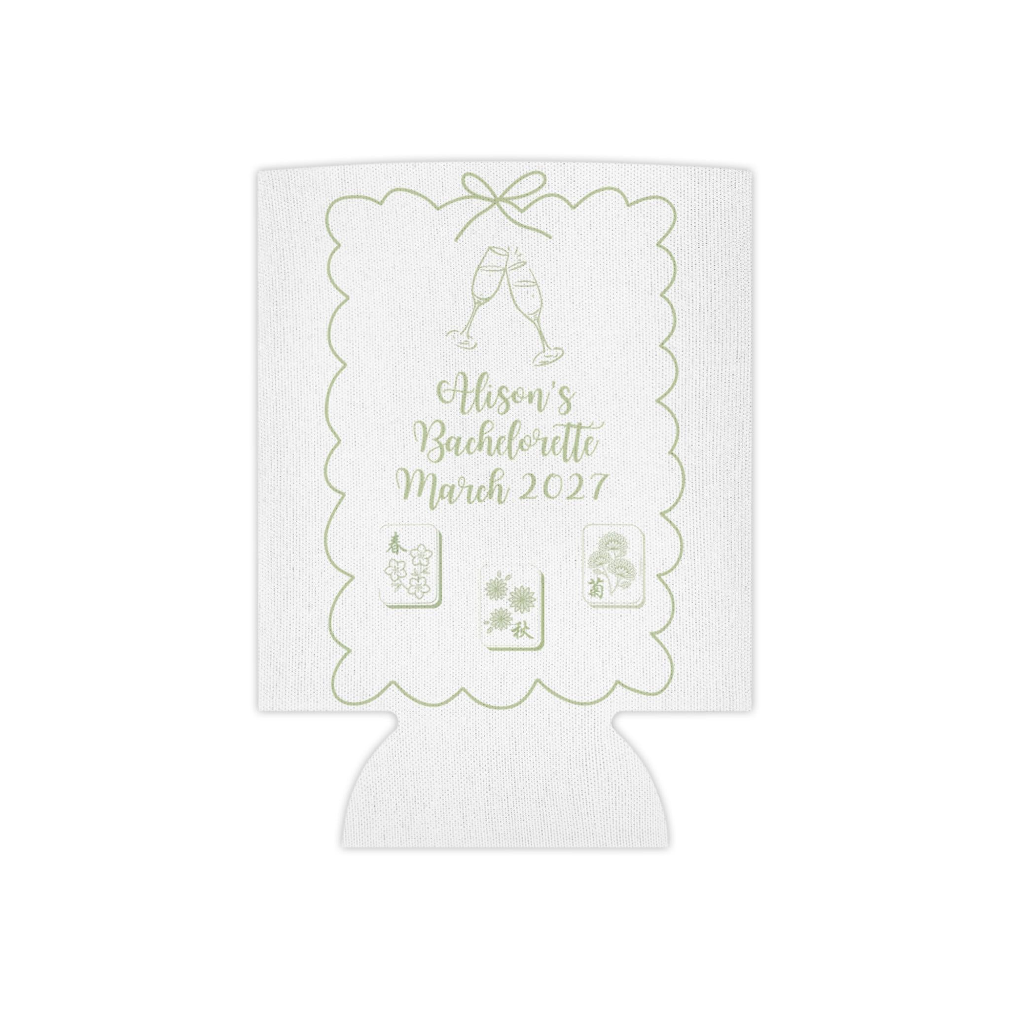 Personalized Mahjong and Matrimony Can Cooler Custom Can Sleeve in Sage Green, Light Pink or Light Blue