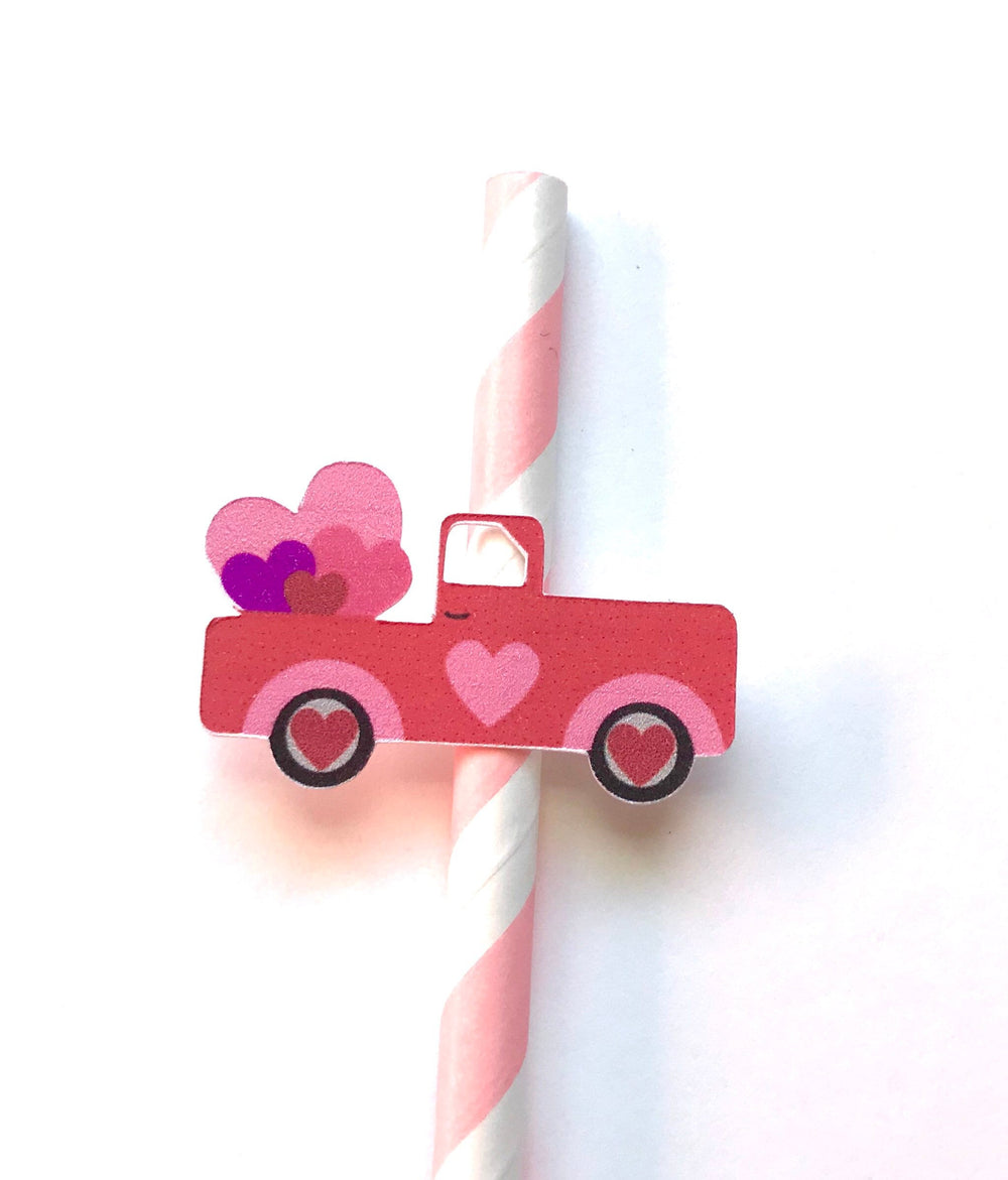 Valentine Red Truck Glitter Straws, Set of 12 – Pink & White Party Decor with Heart Bouquet