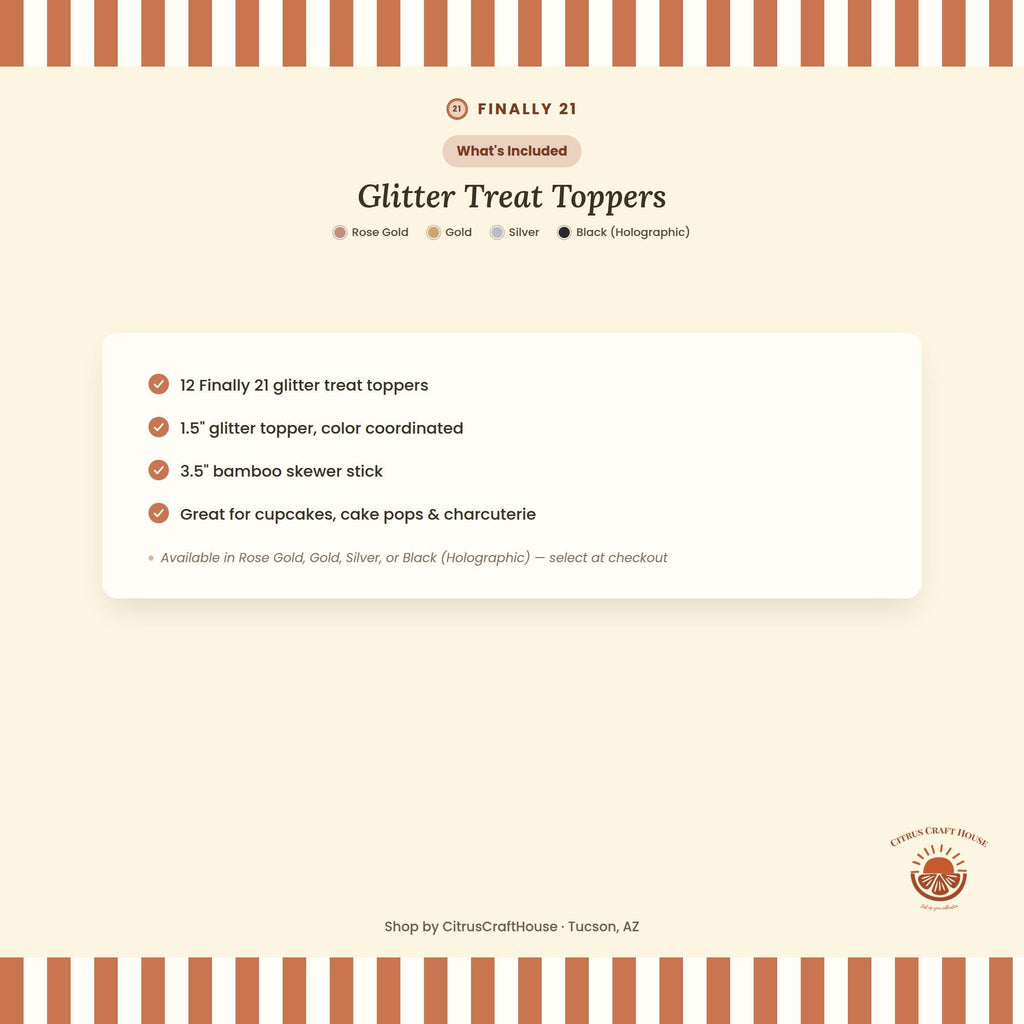 Finally 21 Glitter Treat Toppers, Set of 12 – Rose Gold, Gold, Silver, Black Glitter Cupcake Charcuterie Picks with Bamboo Skewers