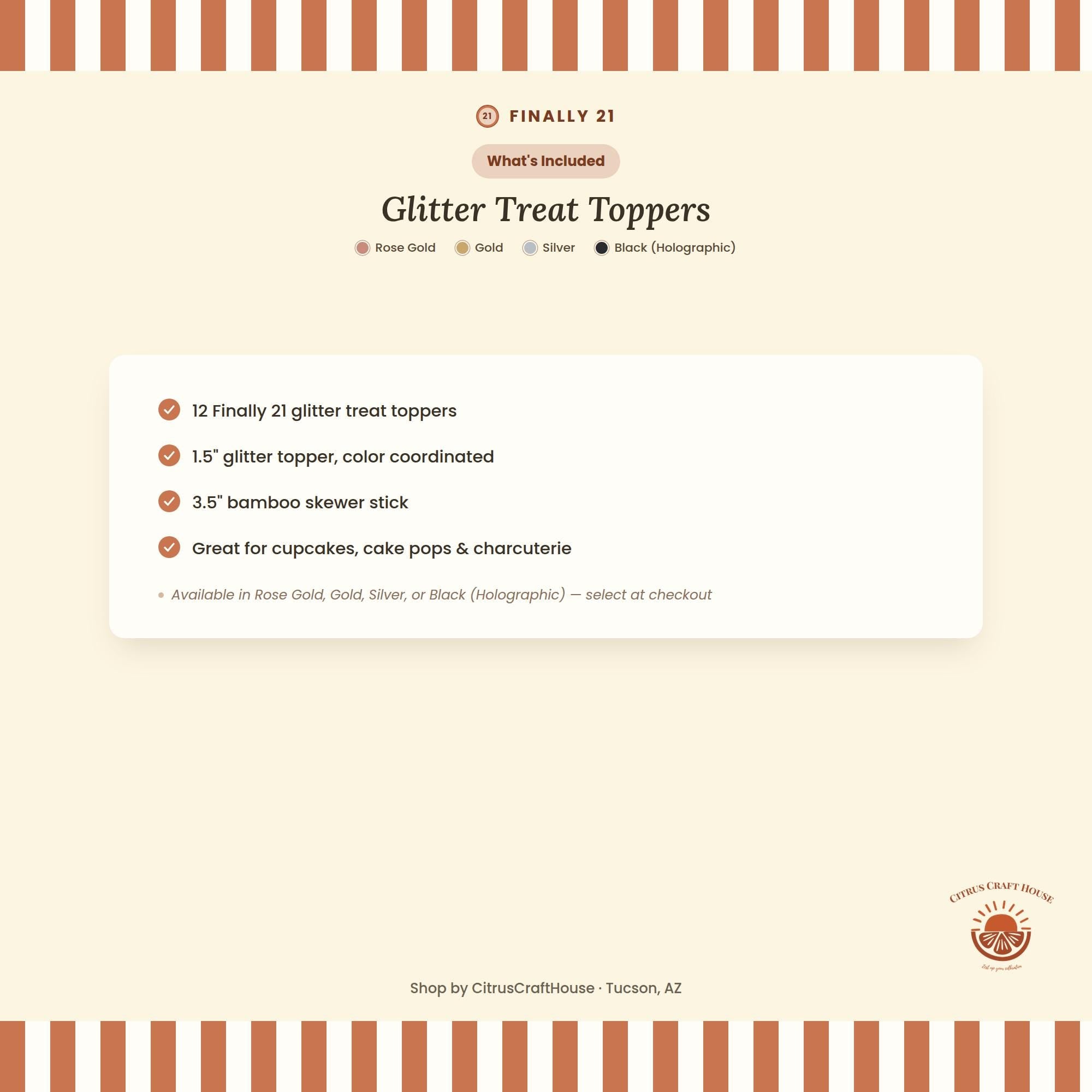 Finally 21 Glitter Treat Toppers, Set of 12 – Rose Gold, Gold, Silver, Black Glitter Cupcake Charcuterie Picks with Bamboo Skewers