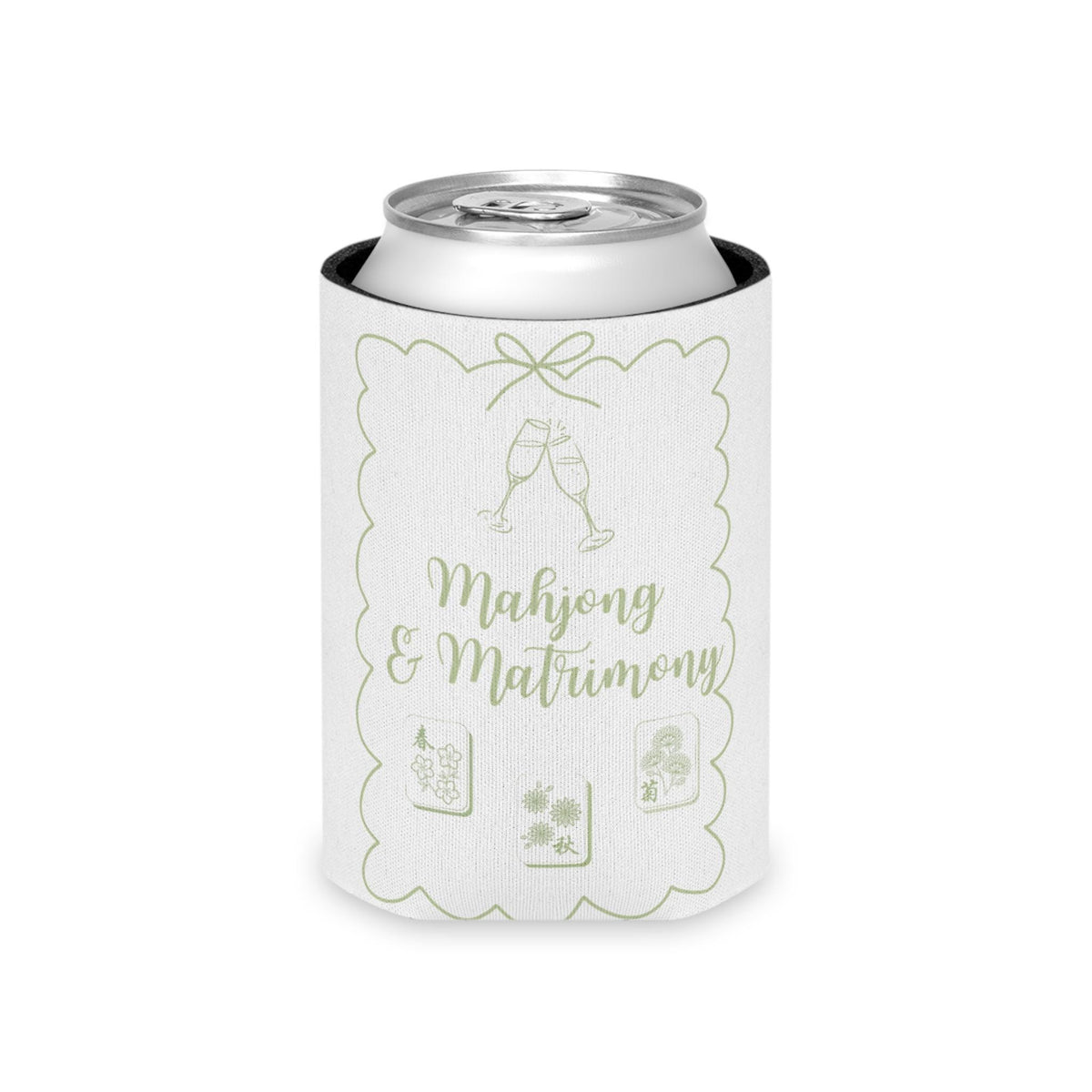 Personalized Mahjong and Matrimony Can Cooler Custom Can Sleeve in Sage Green, Light Pink or Light Blue