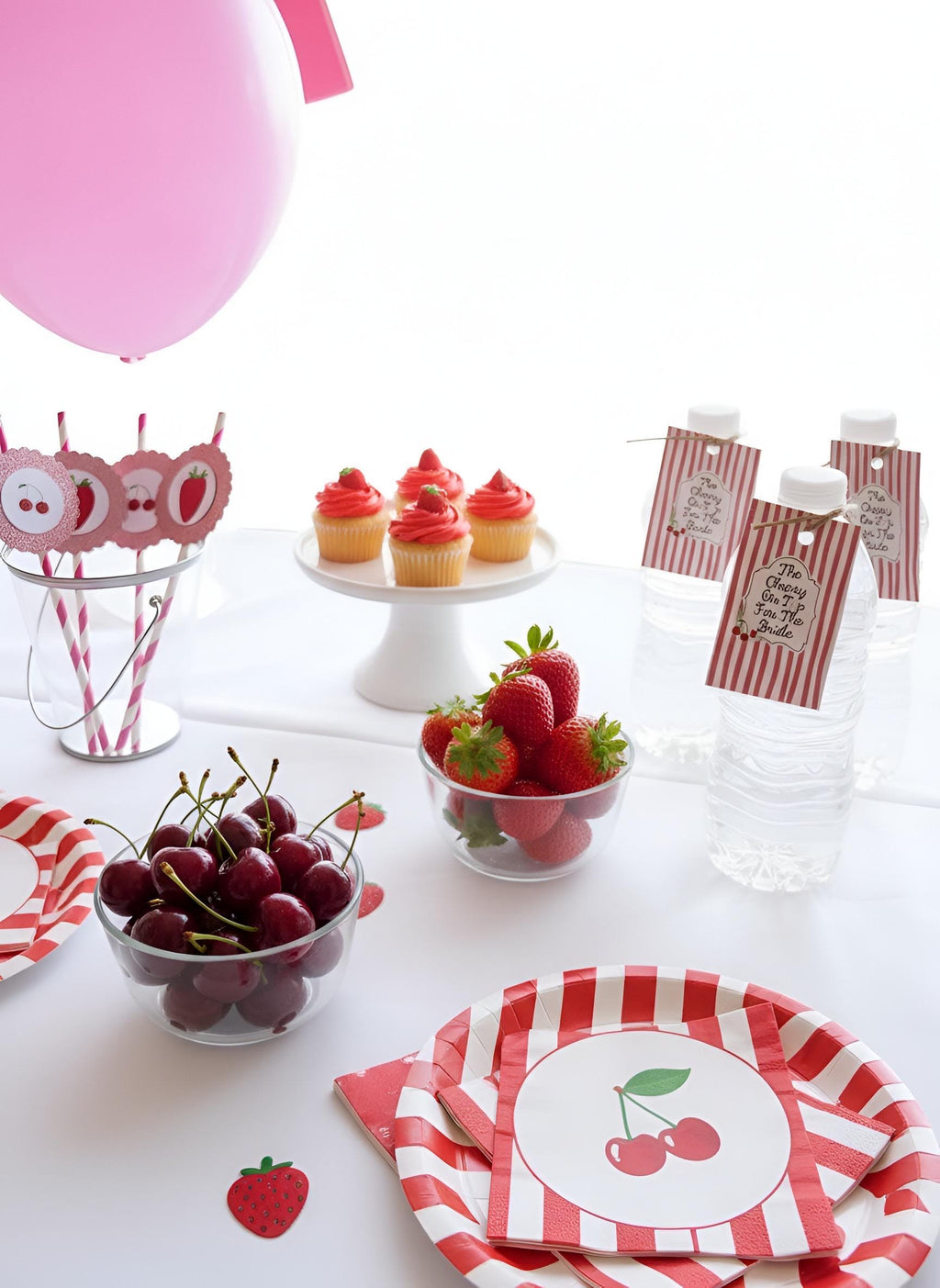 The Cherry On Top For The Bride Bridal Shower Decor Kit | Cherry & Strawberry Bachelorette Party Set | Signs, Balloons, Favor Bags and More