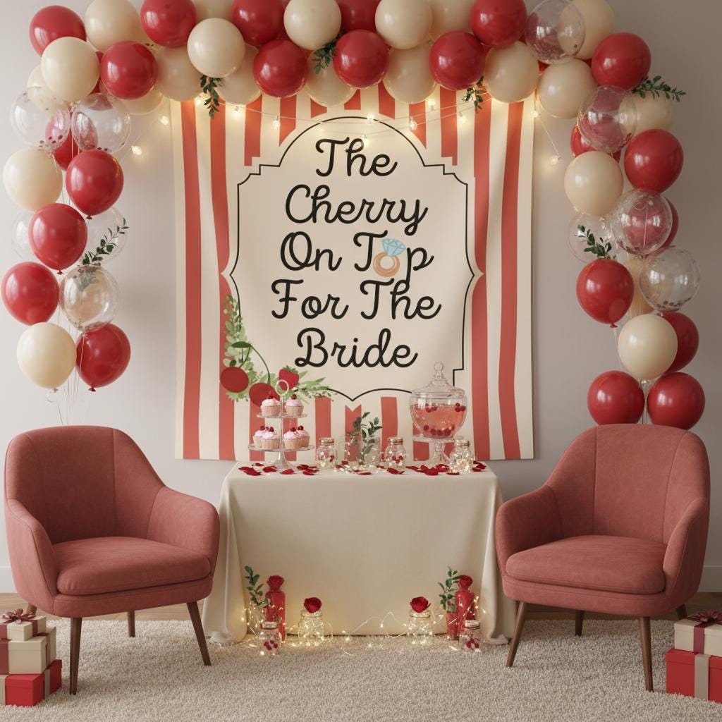 A styled bridal shower or bachelorette party setup with a large red and white striped backdrop featuring the text 'The Cherry On Top For The Bride,' decorated with red and cream balloon garlands, a small table with candy and flowers, two pink armchairs, and gift boxes on the floor.