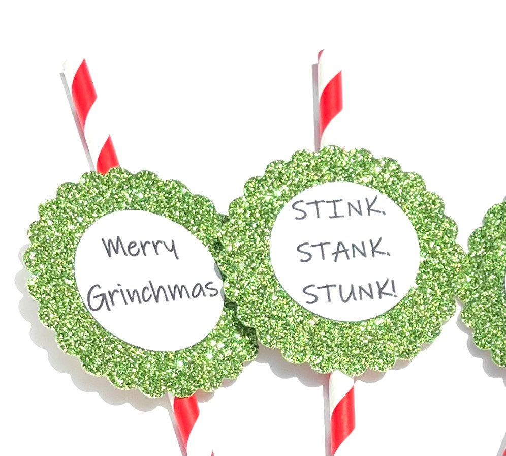 Green Glitter Christmas Straws, Set of 12 – Mean One Holiday Party Decor & Photo Prop