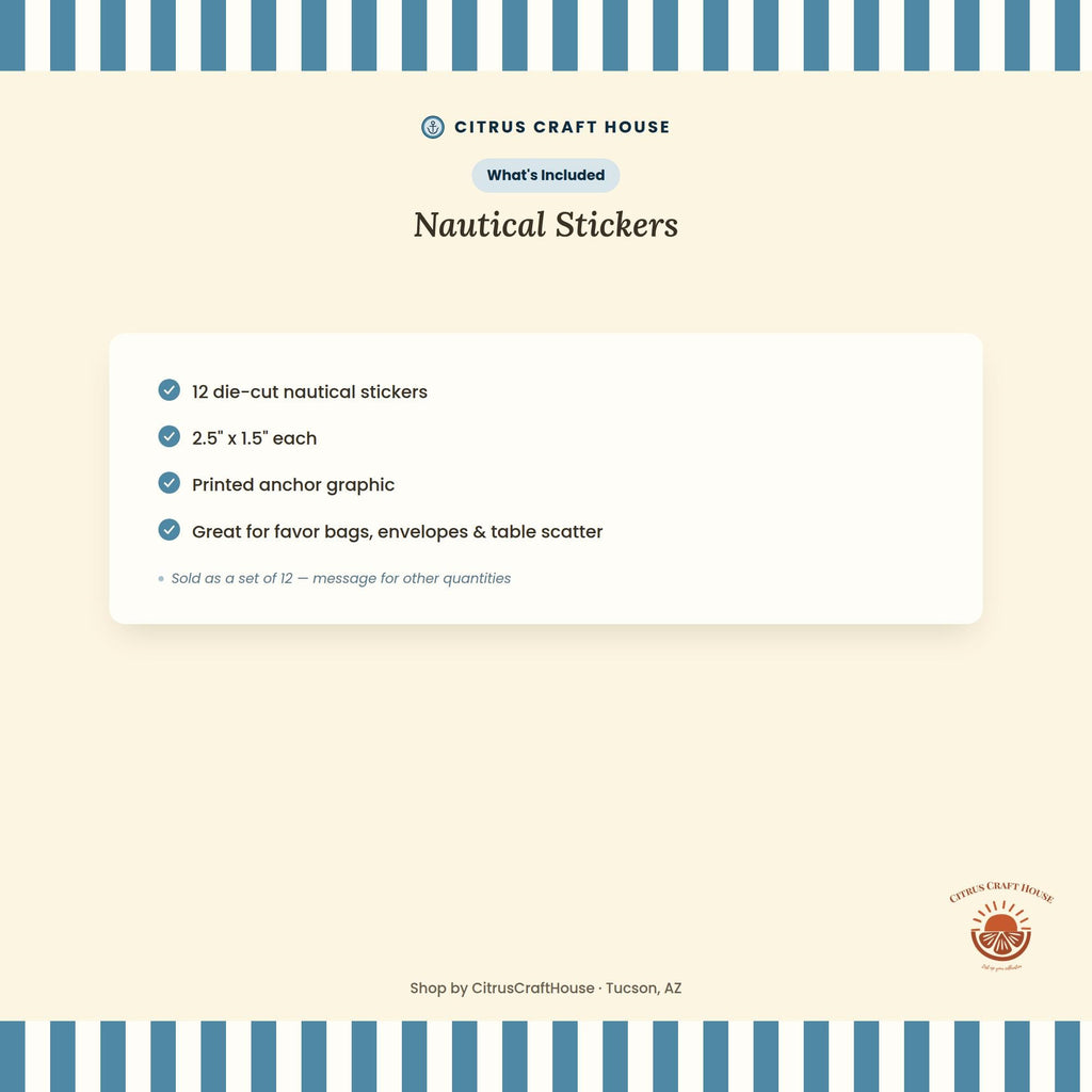 Nautical Stickers, Set of 12 – Die-Cut Anchor Print Stickers for Favor Bags, Party Favors and Table Scatter