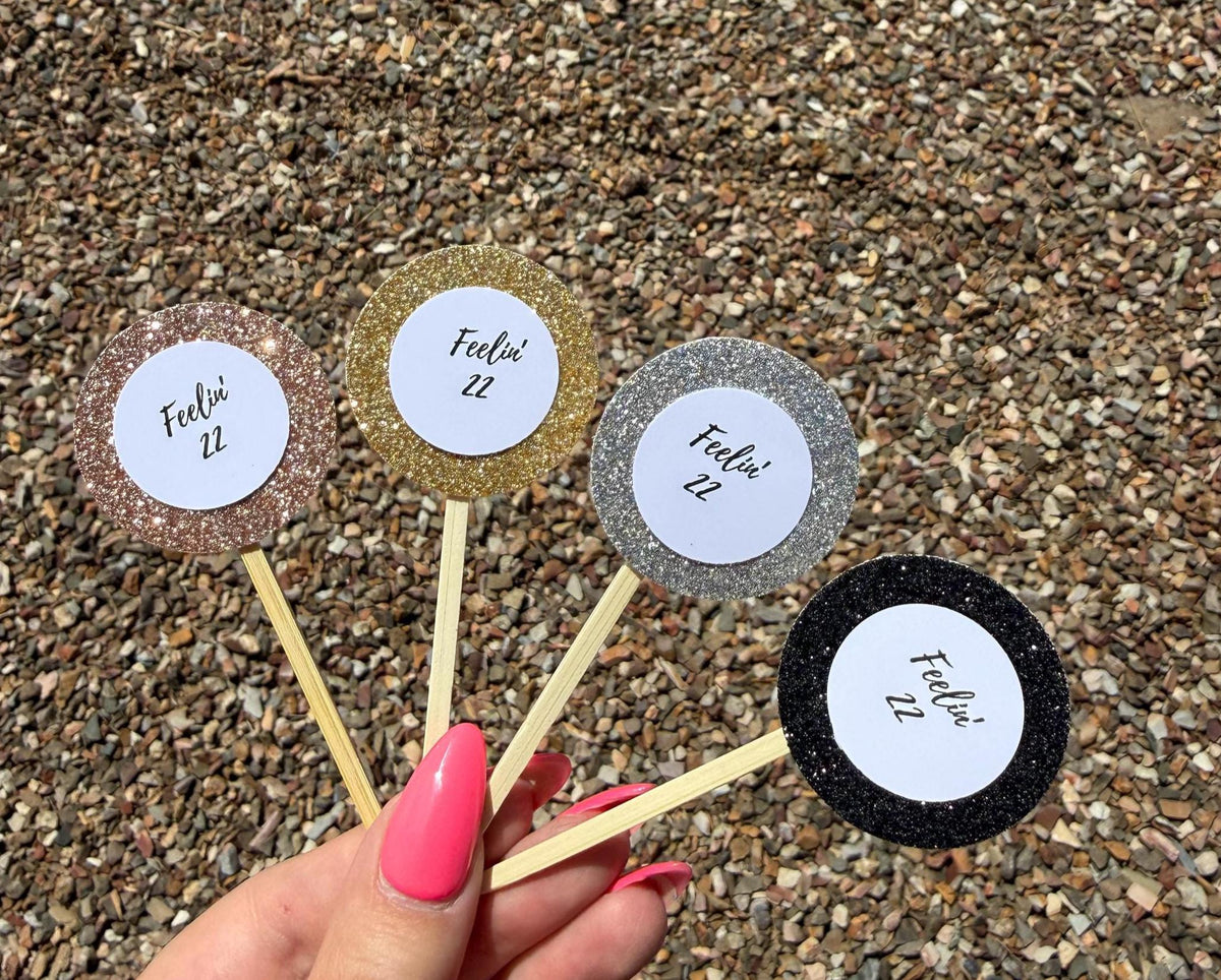 Feeling 22 Glitter Treat Toppers, Set of 12 – Rose Gold, Gold, Silver, Black Glitter Cupcake Charcuterie Picks with Bamboo Skewers