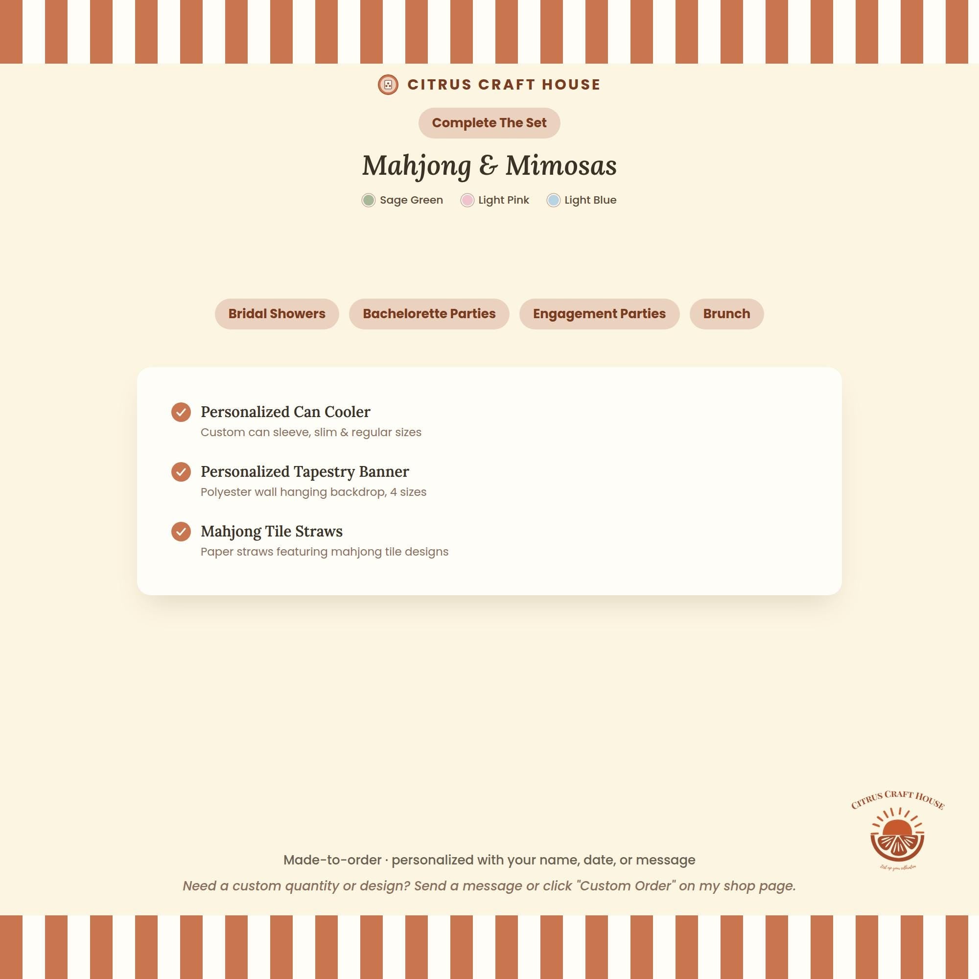 Personalized Mahjong and Mimosas Can Cooler Custom Can Sleeve in Sage Green, Light Pink or Light Blue