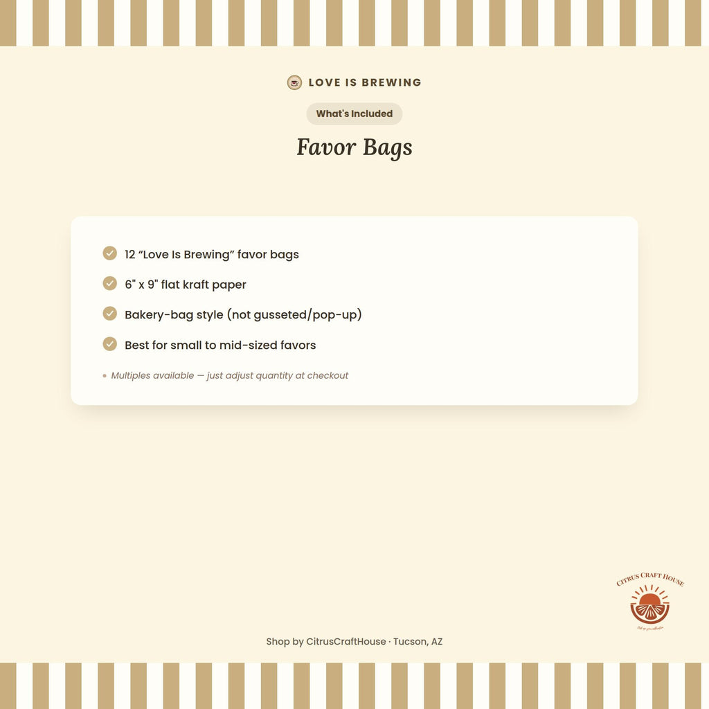Love Is Brewing Favor Bags, Set of 12 – 6x9 Flat Kraft Paper Bags for Bridal Shower & Bachelorette Favors