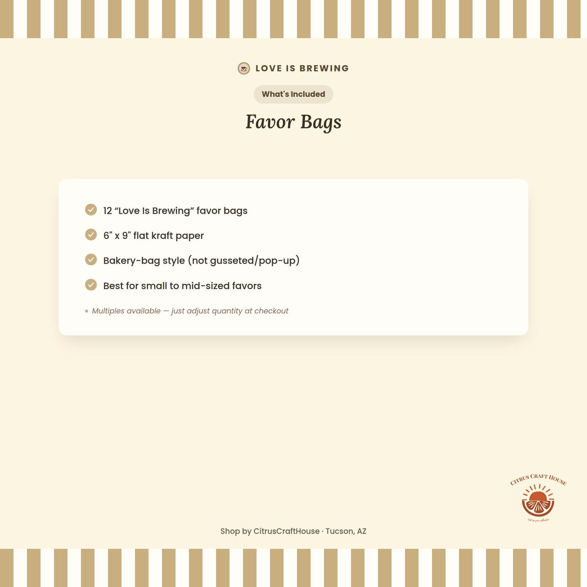 Love Is Brewing Favor Bags, Set of 12 – 6x9 Flat Kraft Paper Bags for Bridal Shower & Bachelorette Favors