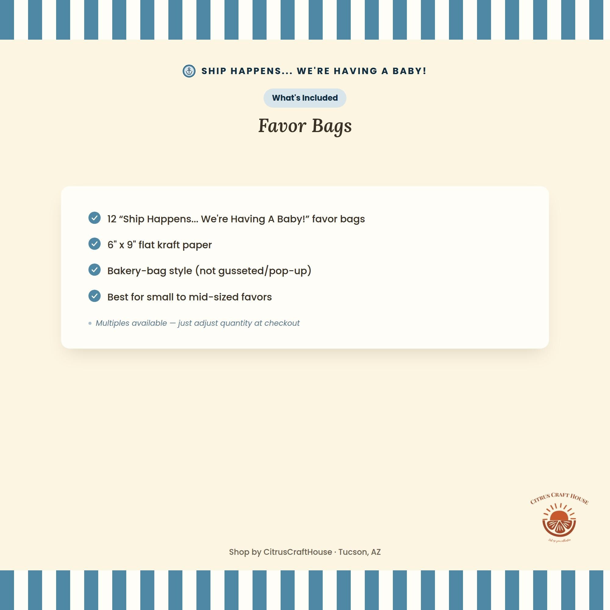 Ship Happens Favor Bags, Set of 12 – 6x9 Flat Kraft Paper Bags for Baby Shower Favors & Treats