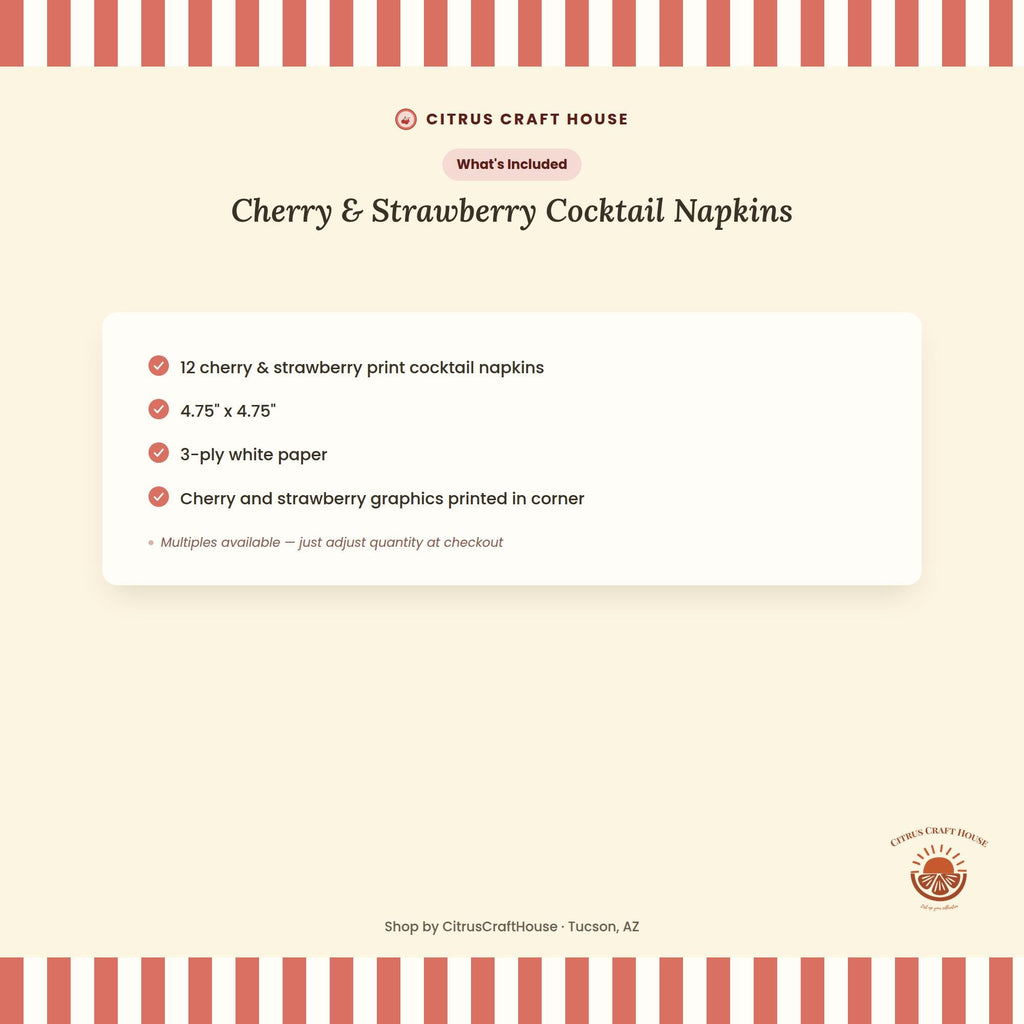 Cherry & Strawberry Cocktail Napkins, Set of 12 – White Paper Napkins with Berry Print for Baby Shower, Bridal Shower, Bachelorette
