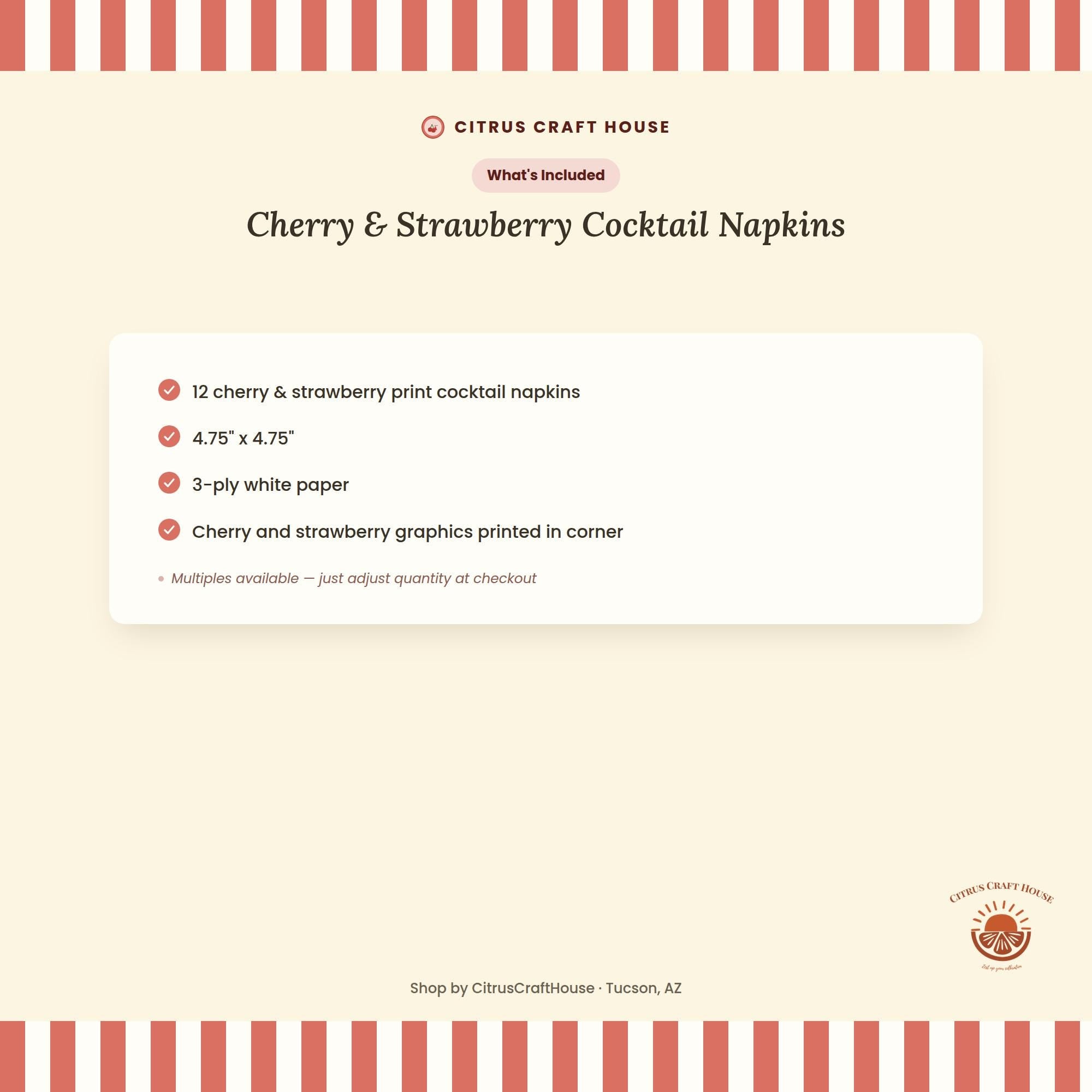 Cherry & Strawberry Cocktail Napkins, Set of 12 – White Paper Napkins with Berry Print for Baby Shower, Bridal Shower, Bachelorette