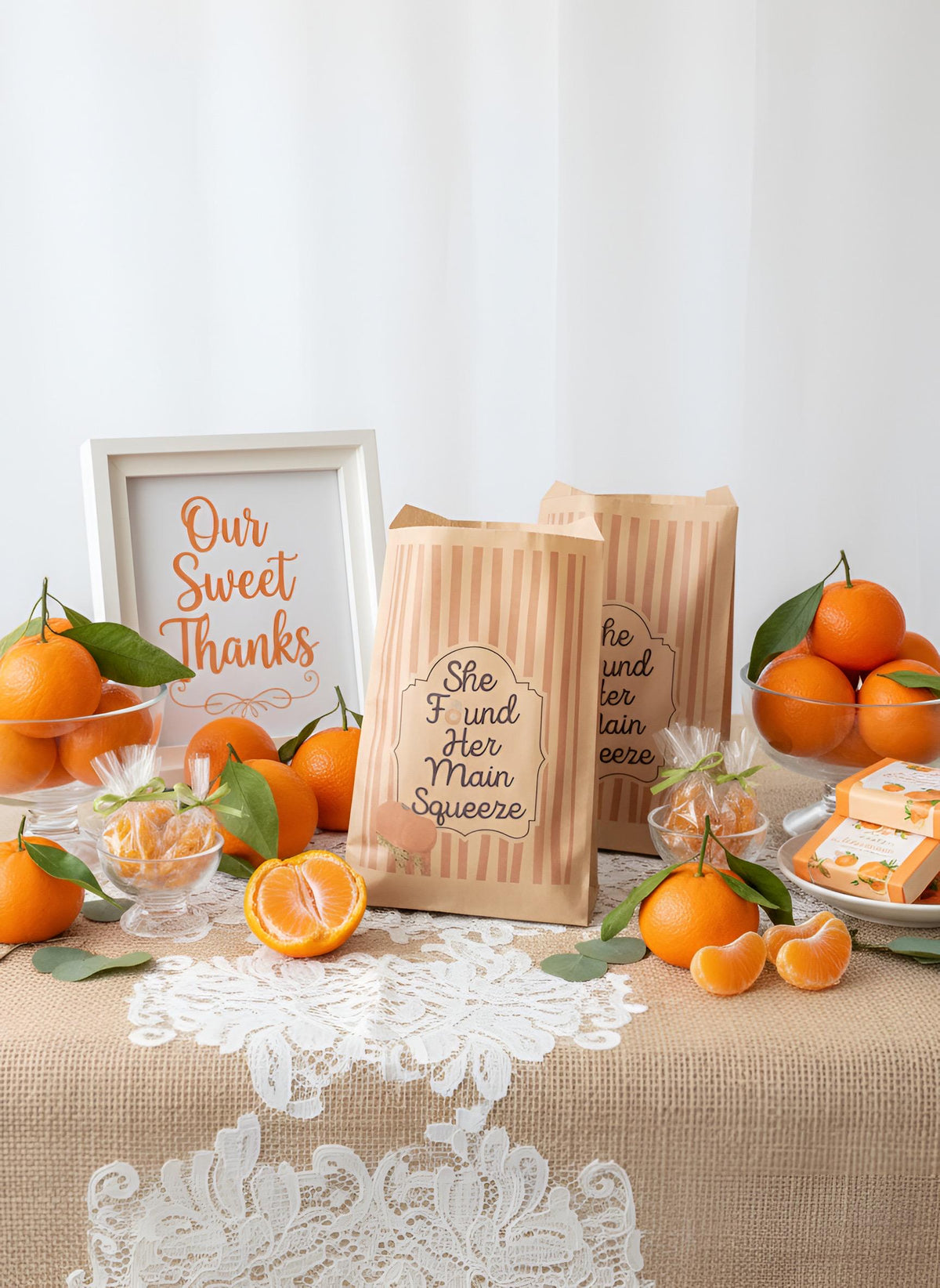 She Found Her Main Squeeze Bridal Shower Decor Kit | Clementine Orange Bachelorette Party Set | Signs, Balloons, Favor Bags & More