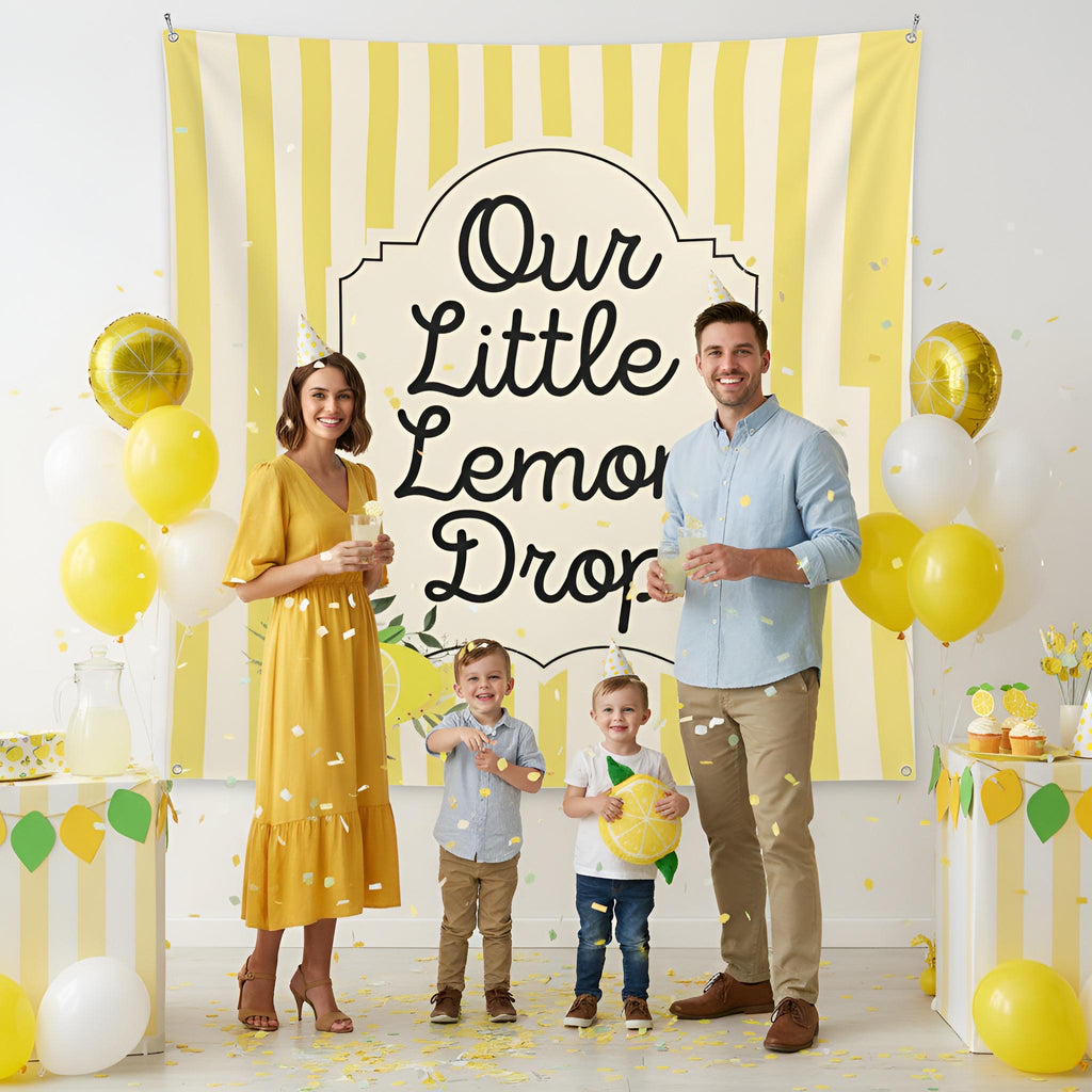 Our little lemon drop, white and yellow striped tapestry banner for party personalized