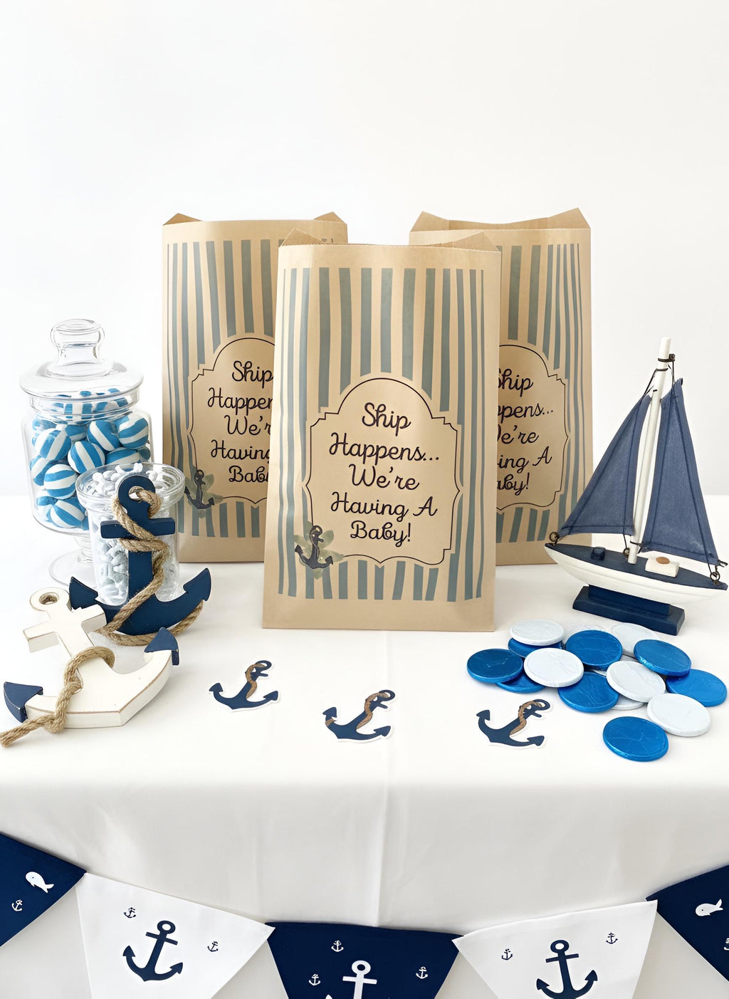 Ship Happens... We're Having A Baby! Baby Shower Decor Kit | Nautical Baby Sprinkle Party Set | Signs, Balloons, Favor Bags and  More